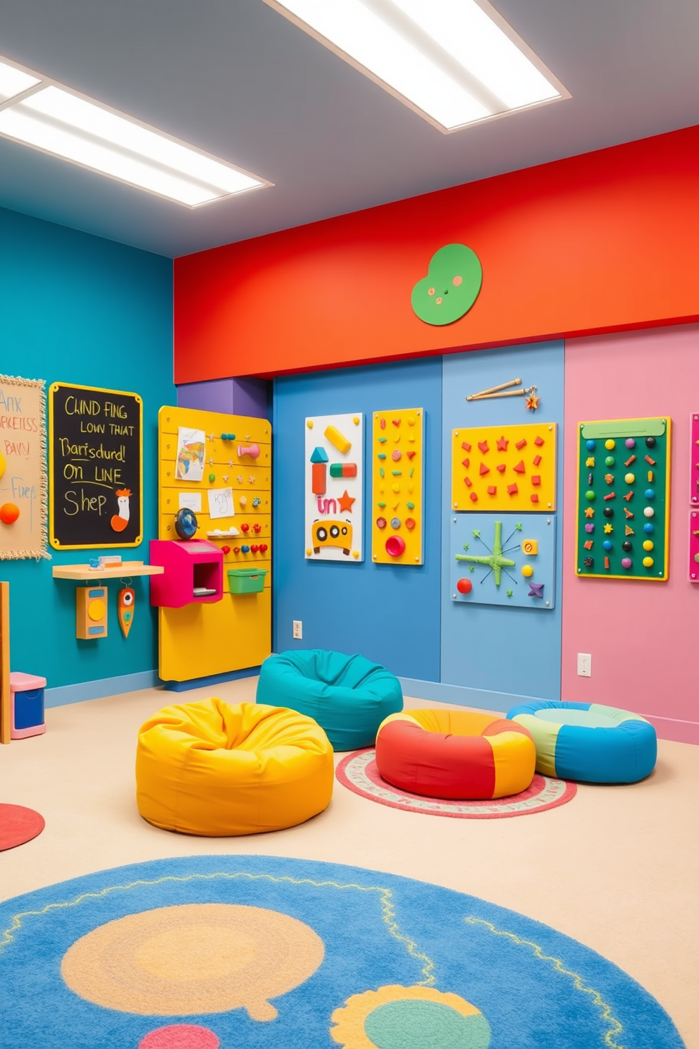 A vibrant playroom filled with interactive wall games designed for children's enjoyment. The walls are painted in bright primary colors, featuring a variety of engaging activities such as chalkboards, magnetic boards, and climbing panels. The flooring is soft and cushioned, ensuring safety during playtime. Comfortable bean bags and colorful rugs are scattered throughout the room, creating inviting spaces for relaxation and creativity.