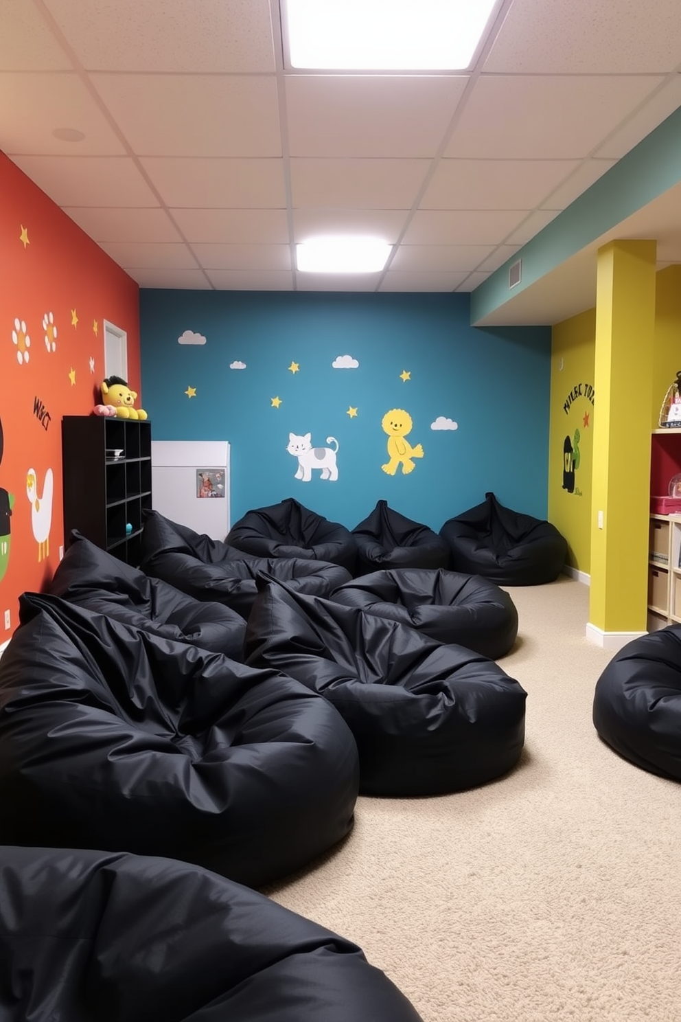 A playful playroom featuring soft black bean bags arranged for comfortable seating. The walls are painted in bright colors with playful wall decals and a soft carpet covers the floor for a cozy atmosphere.