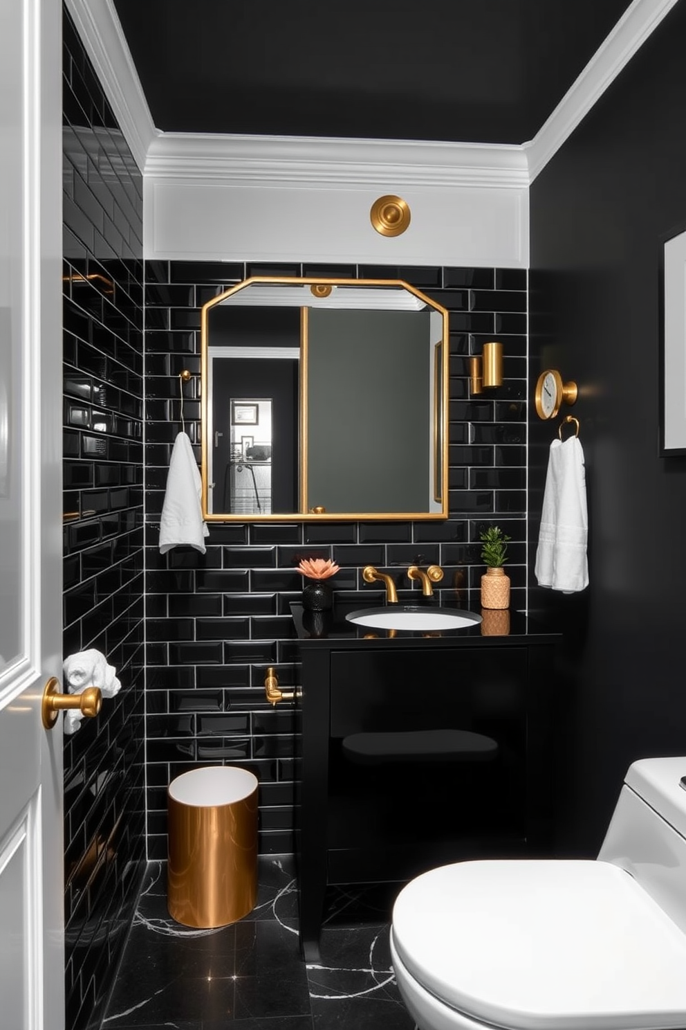 A chic powder room featuring sleek black tiles that create a striking backdrop. Gold accents adorn the fixtures and accessories, adding a touch of luxury to the space. The walls are painted in a deep charcoal hue, enhancing the modern aesthetic. A minimalist black vanity with a gold-framed mirror complements the elegant design.