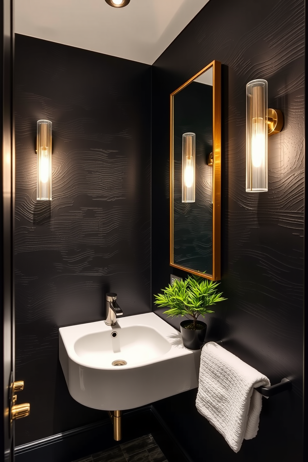 A striking black powder room featuring textured black paint that adds depth and drama to the space. The room includes a sleek wall-mounted sink and a gold-framed mirror that reflects the rich tones of the walls. Elegant lighting fixtures cast a warm glow, enhancing the luxurious ambiance. A small potted plant on the sink adds a touch of greenery, creating a stunning contrast against the dark backdrop.