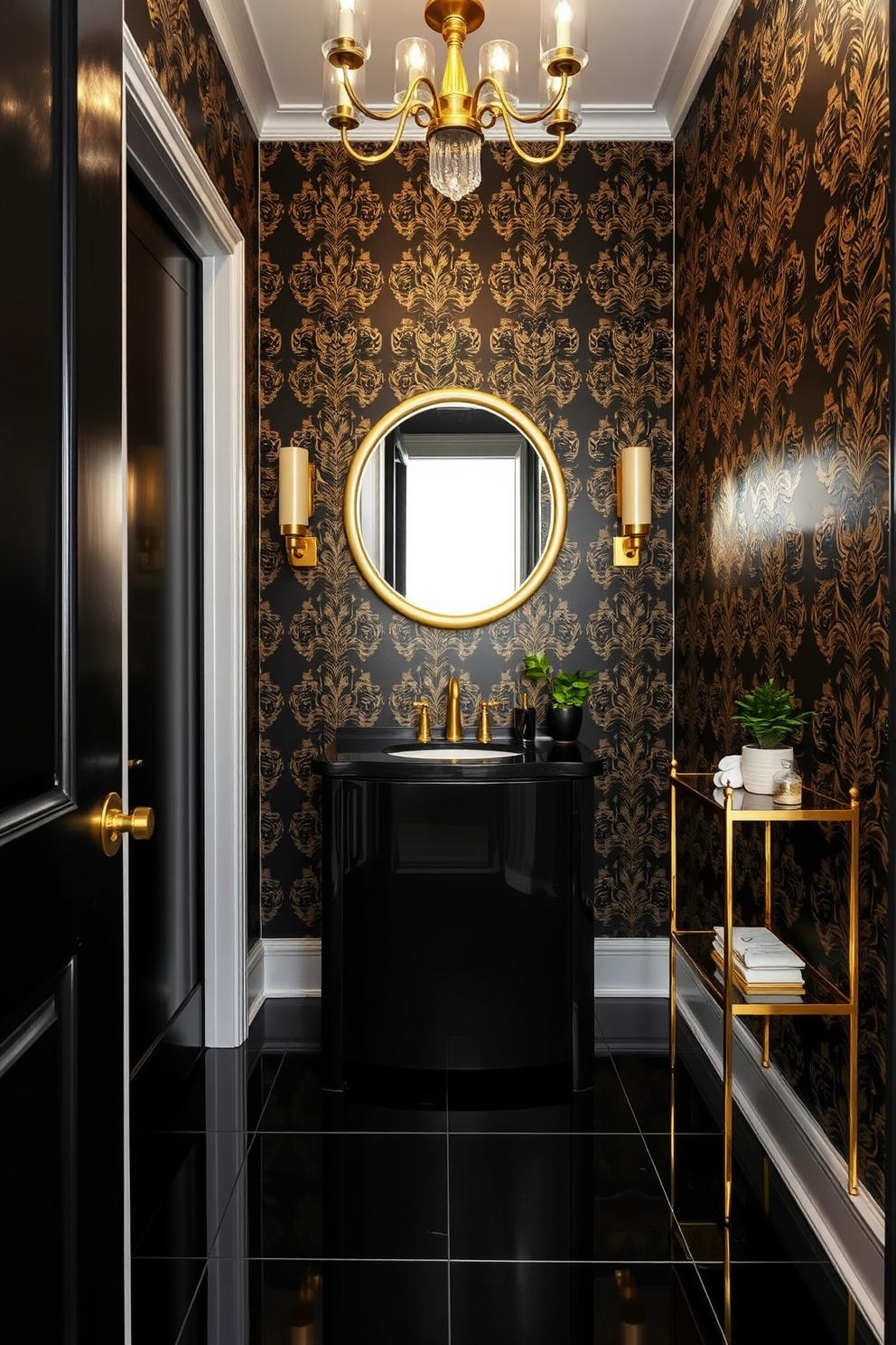 A luxurious black powder room featuring a statement wall adorned with intricate gold wallpaper. The room includes a sleek black vanity with a gold faucet and a round mirror framed in gold above it. The flooring consists of glossy black tiles that reflect the elegant lighting fixtures. A stylish gold accent shelf displays decorative items and a small potted plant for a touch of greenery.