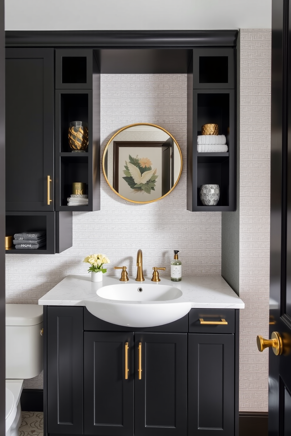 A modern black powder room features sleek black cabinetry with open shelves that showcase stylish decor and essential items. The walls are adorned with a subtle textured wallpaper, and a chic round mirror hangs above a minimalist sink with gold fixtures.