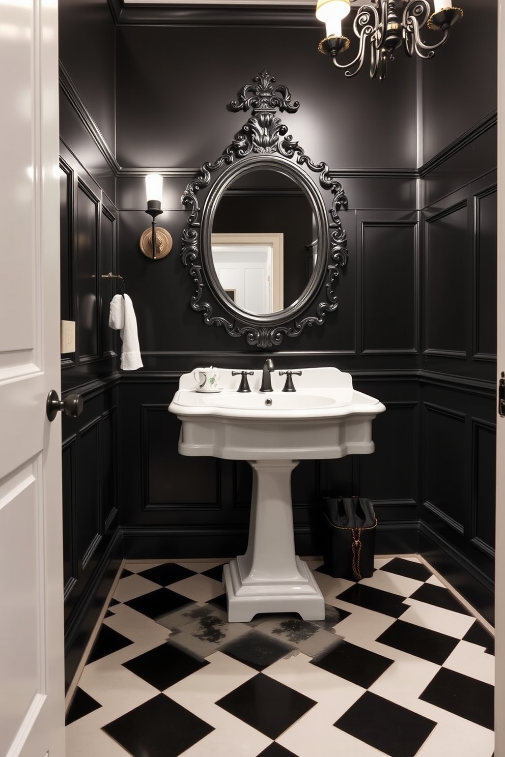 A classic black powder room features a striking black and white checkerboard floor that creates a bold visual impact. The walls are adorned with elegant wainscoting painted in a deep black hue, complemented by a vintage white pedestal sink. Above the sink, a large ornate mirror with a black frame enhances the room's sophistication. Soft lighting from a stylish chandelier casts a warm glow, highlighting the intricate details of the decor.