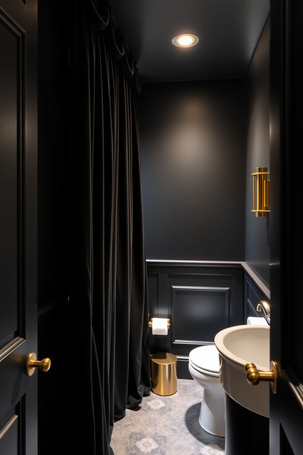 A luxurious black powder room featuring sumptuous velvet curtains that drape elegantly from the ceiling to the floor. The rich texture of the curtains adds warmth and softness to the sleek design elements within the space. The walls are adorned with a deep, rich color that complements the black velvet, creating an intimate atmosphere. Stylish fixtures in polished gold or brass contrast beautifully with the dark tones, enhancing the overall elegance of the room.