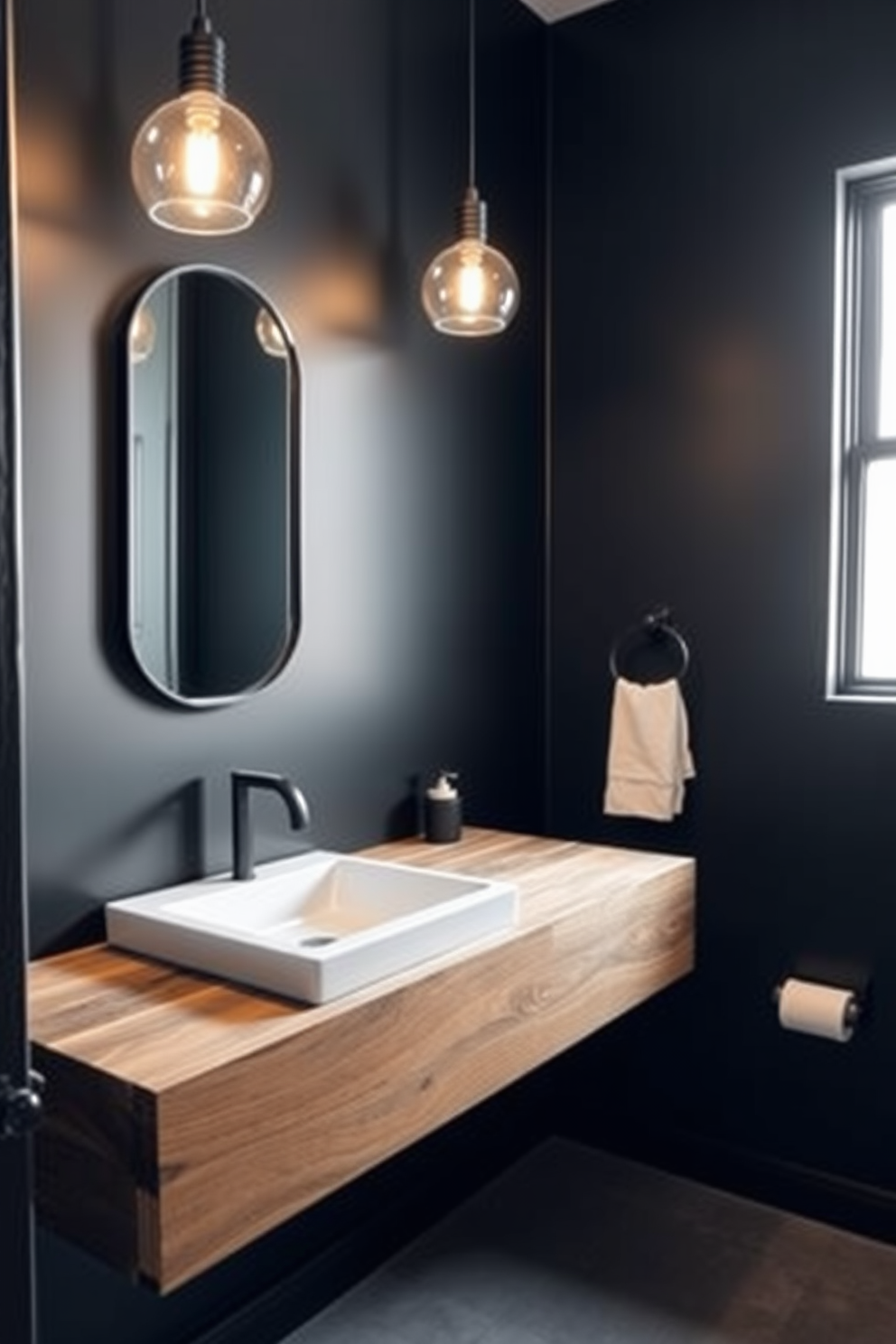 A stylish black powder room featuring sleek black faucets with a minimalist design. The walls are adorned with a deep matte black paint, creating a bold and sophisticated atmosphere. A modern floating vanity made of reclaimed wood complements the black fixtures, providing both functionality and elegance. The space is illuminated by warm pendant lights that enhance the overall ambiance while adding a touch of contemporary flair.