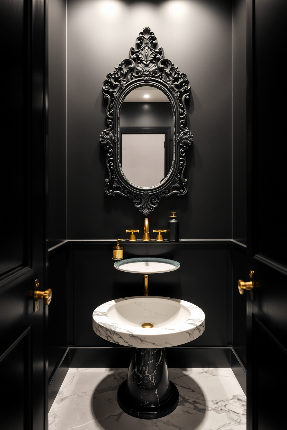 A luxurious black powder room featuring sleek black walls and a stunning marble pedestal sink. The floor is adorned with large marble tiles, creating a seamless blend of elegance and sophistication. A statement black mirror with intricate detailing hangs above the sink, reflecting the room's opulence. Accents of gold in the fixtures and accessories add a touch of glamour to the overall design.