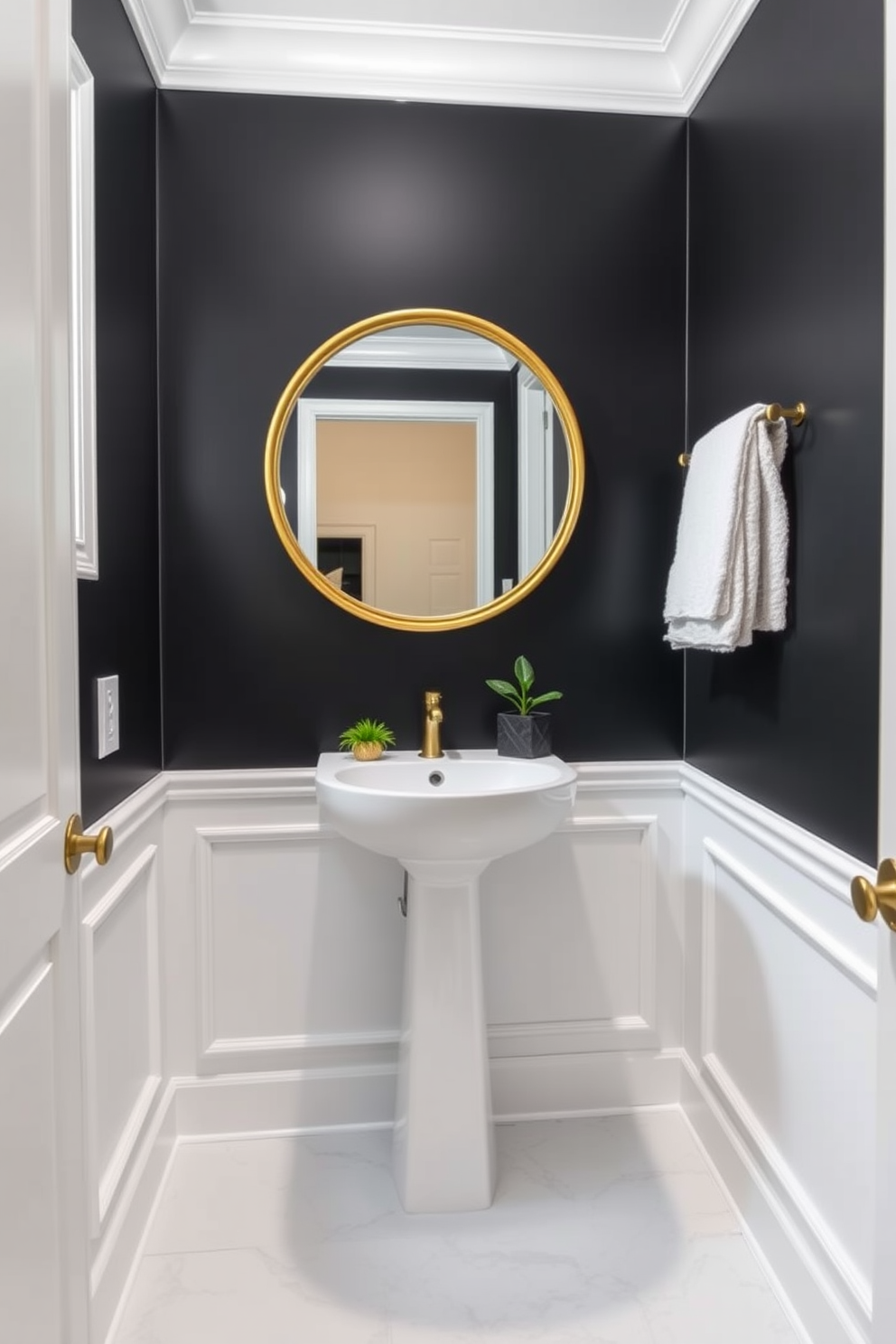 A chic powder room featuring matte black walls contrasted by crisp white trim. The space is adorned with a sleek pedestal sink and a round mirror framed in brushed gold, creating a striking focal point. The floor is covered in large white tiles with subtle gray veining, enhancing the modern aesthetic. A small potted plant sits on the sink, adding a touch of greenery to the sophisticated design.