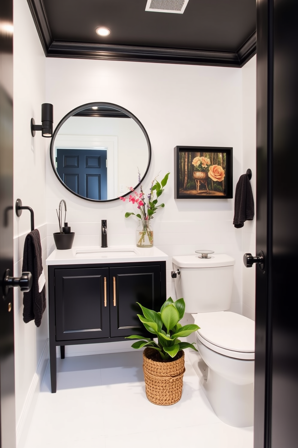 A bright powder room featuring bold black accents. The walls are painted in a crisp white, with a striking black vanity that contrasts beautifully against the light backdrop. A large round mirror with a black frame hangs above the sink, enhancing the room's modern aesthetic. Black fixtures and accessories add a touch of elegance, while a vibrant potted plant brings a splash of color to the space.