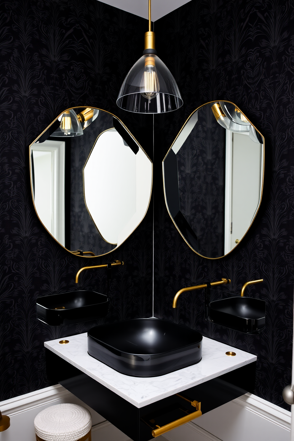 A striking black powder room features unique black mirrors that enhance the sense of depth and elegance. The walls are adorned with a rich, dark wallpaper, creating a dramatic backdrop for the sleek fixtures. The vanity showcases a modern design with a black sink and gold accents, perfectly complementing the mirrors. A stylish pendant light hangs above, casting a warm glow across the space.