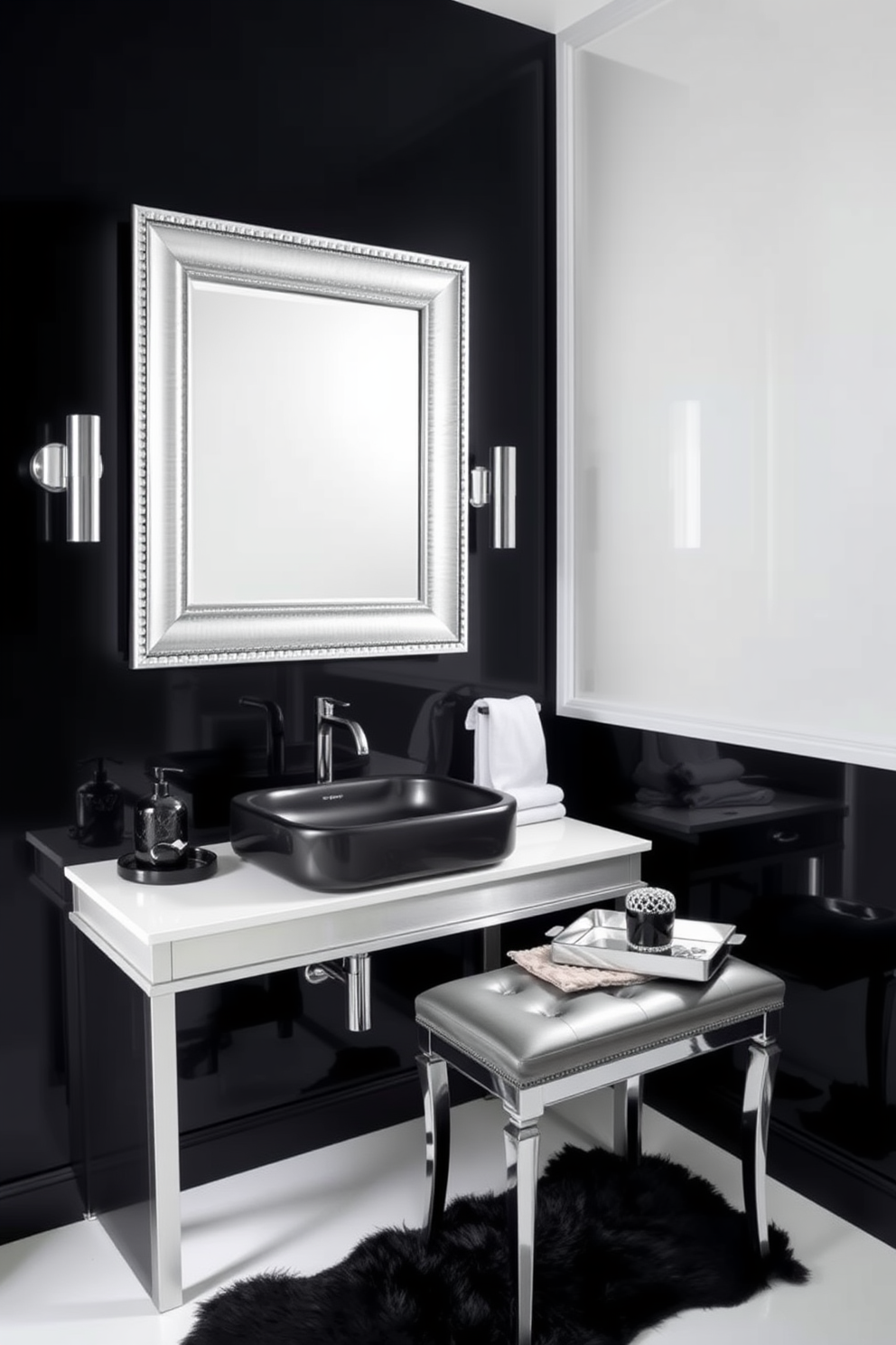 A stylish black powder room features sleek black walls adorned with elegant silver accents. The space is enhanced by a striking silver-framed mirror above a minimalist black sink with a polished chrome faucet. Luxurious black and silver accessories are strategically placed throughout the room, including a chic soap dispenser and a decorative tray. A plush black rug lies beneath a silver vanity stool, adding warmth and texture to the sophisticated design.