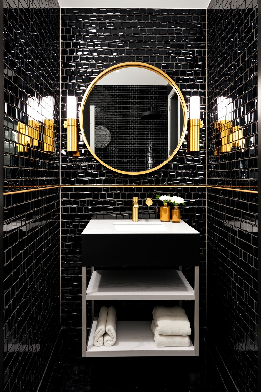 A striking black powder room featuring glossy black mosaic tiles that create a dramatic and unique aesthetic. The walls are adorned with elegant gold accents, enhancing the luxurious feel of the space. A sleek floating vanity with a white marble top contrasts beautifully against the dark tiles. Above the vanity, a large round mirror framed in brushed gold adds a touch of sophistication.