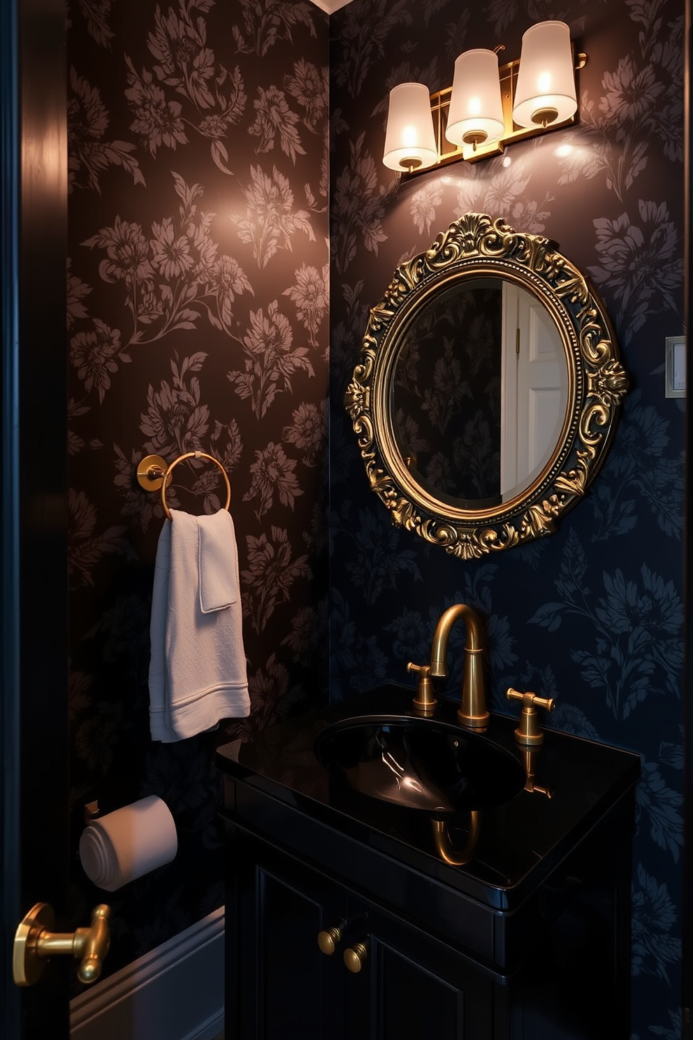 A striking black powder room features dark floral wallpaper that envelops the space in a moody atmosphere. The room is accented with gold fixtures and a sleek black vanity that complements the dramatic wallpaper. A round mirror with an ornate gold frame hangs above the vanity, reflecting the intricate patterns of the wallpaper. Soft lighting casts a warm glow, enhancing the luxurious feel of this intimate setting.