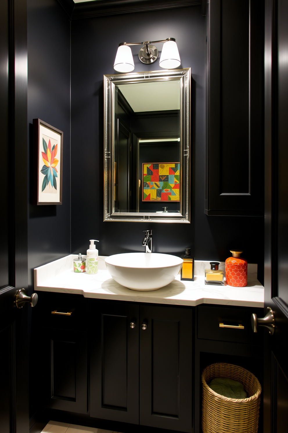 A stylish black powder room featuring sleek black cabinetry that provides ample storage. Colorful decor accents such as vibrant artwork and decorative accessories bring life and personality to the space.