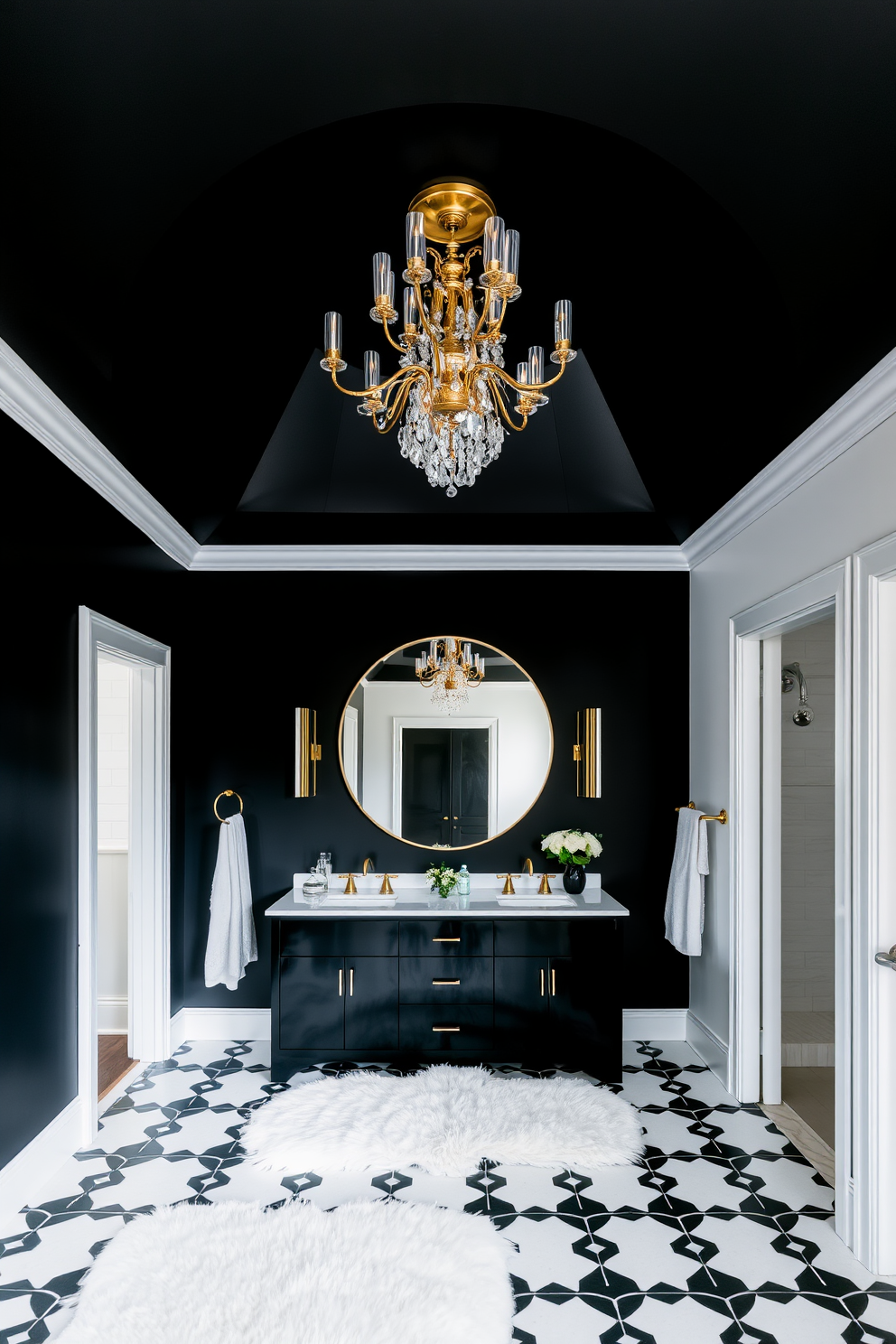 A dramatic black ceiling contrasts beautifully with the crisp white walls, creating a striking and modern atmosphere. The space features a sleek black vanity with a white countertop, complemented by elegant gold fixtures and a large round mirror that reflects the bold ceiling. To enhance the ambiance, a statement chandelier hangs from the center of the black ceiling, adding a touch of luxury. The floor is adorned with black and white geometric tiles that tie the design together, while a plush white rug adds warmth and comfort underfoot.