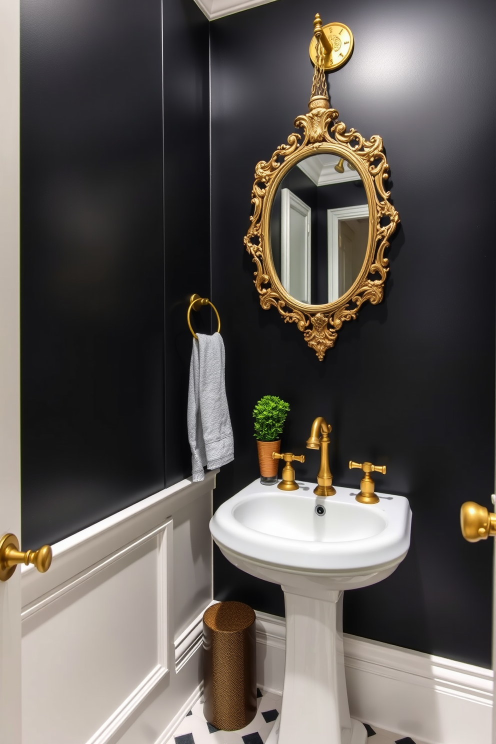 A stylish black powder room featuring elegant brass fixtures that add vintage charm. The walls are adorned with rich black paint, creating a dramatic backdrop for the luxurious design elements. A sleek pedestal sink is complemented by a vintage-inspired brass faucet, enhancing the overall aesthetic. Decorative elements include an ornate mirror with a brass frame and a small potted plant on the countertop for a touch of greenery.