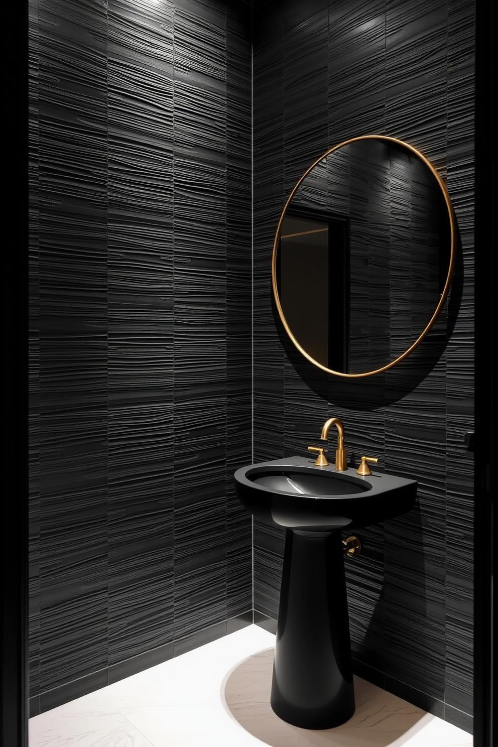 Textured wall panels in deep black create a dramatic and luxurious ambiance in the powder room. The space features a sleek black pedestal sink paired with a stylish gold faucet, enhancing the sophisticated aesthetic. A large round mirror with a thin gold frame reflects the elegant design, making the room feel more spacious. Soft ambient lighting highlights the textures of the wall panels, creating a warm and inviting atmosphere.