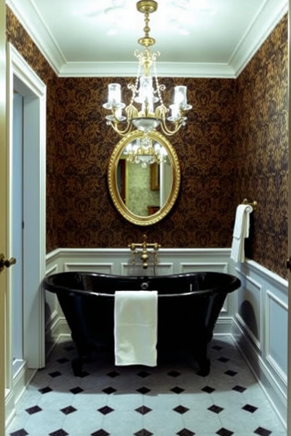 A vintage clawfoot tub in a striking black finish takes center stage in a luxurious powder room. The walls are adorned with elegant wallpaper featuring intricate patterns, while a chic chandelier hangs above, casting a warm glow over the space.