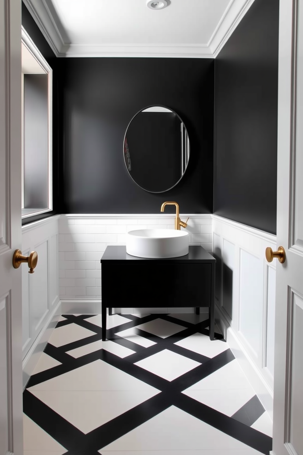 A stylish black powder room features striking black and white geometric floor tiles that create a bold visual impact. The walls are adorned with sleek black paint, complementing the modern aesthetic of the space. A minimalist black vanity with a white vessel sink sits against one wall, paired with a chic gold faucet for a touch of elegance. Soft ambient lighting highlights the geometric patterns of the floor, enhancing the overall sophistication of the room.