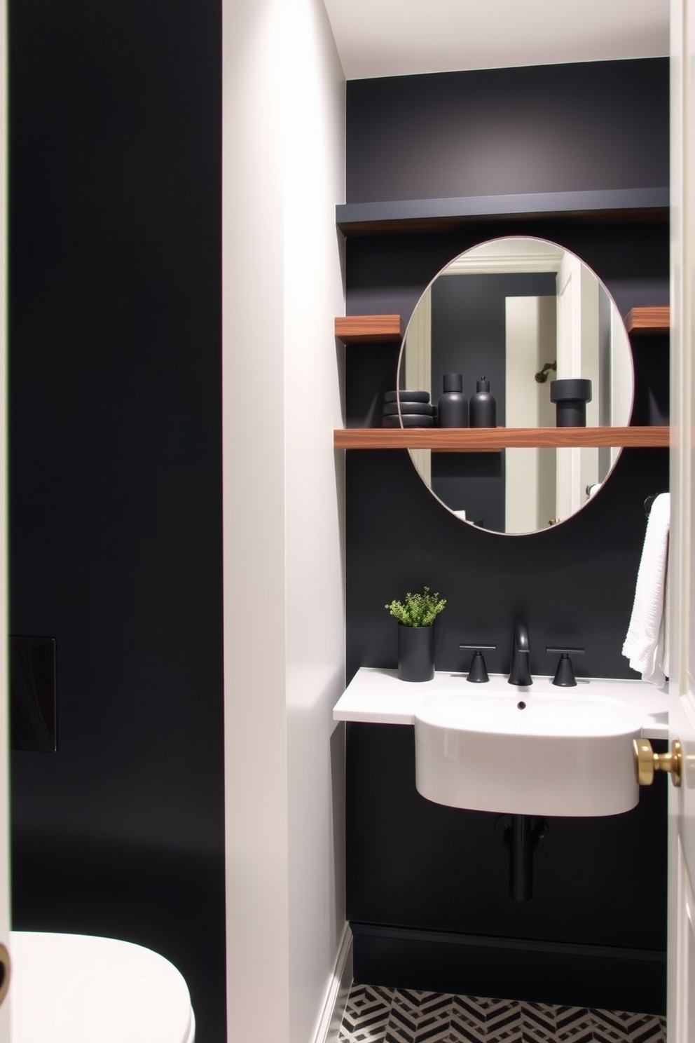 A chic powder room featuring dark wood shelves adorned with sleek black decor. The walls are painted in a deep charcoal color, creating a dramatic backdrop for the stylish accents.