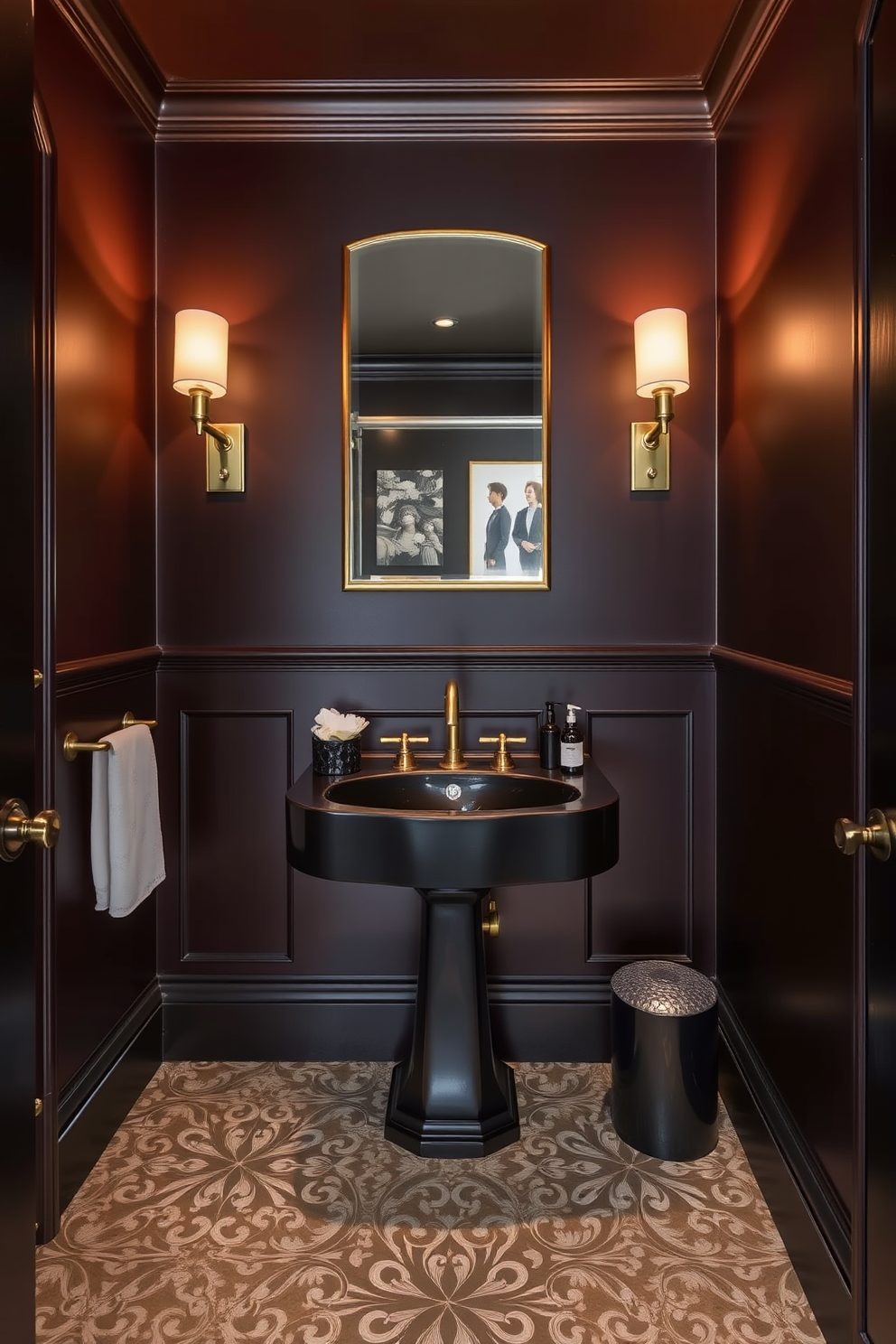 A chic black sink with brass fixtures serves as the centerpiece of the powder room. The walls are adorned with a rich, deep hue that complements the sleek design, while elegant lighting fixtures cast a warm glow over the space. The floor features a luxurious patterned tile that adds texture and interest. Decorative accents, such as a stylish mirror and carefully chosen artwork, enhance the sophisticated atmosphere of the room.