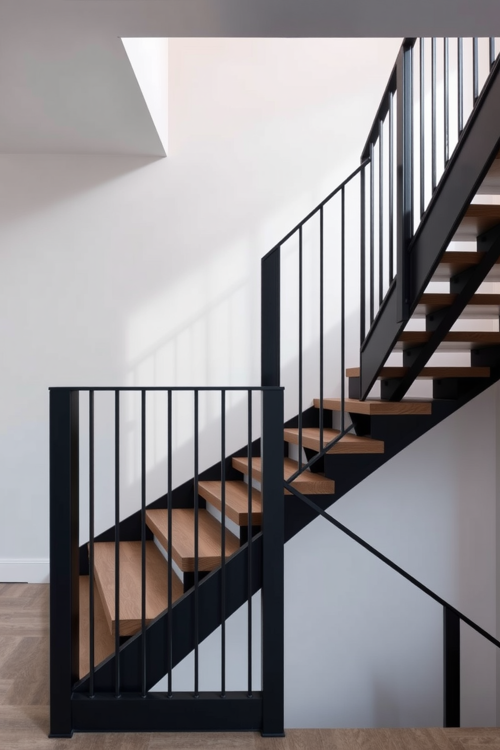 A sleek minimalistic black metal railing design that complements a modern staircase. The railing features clean lines and a matte finish, seamlessly integrating with the surrounding architecture. Innovative black staircase design ideas that emphasize simplicity and elegance. The staircase showcases a floating design with open risers, creating an airy feel while the black metal accents add a touch of sophistication.