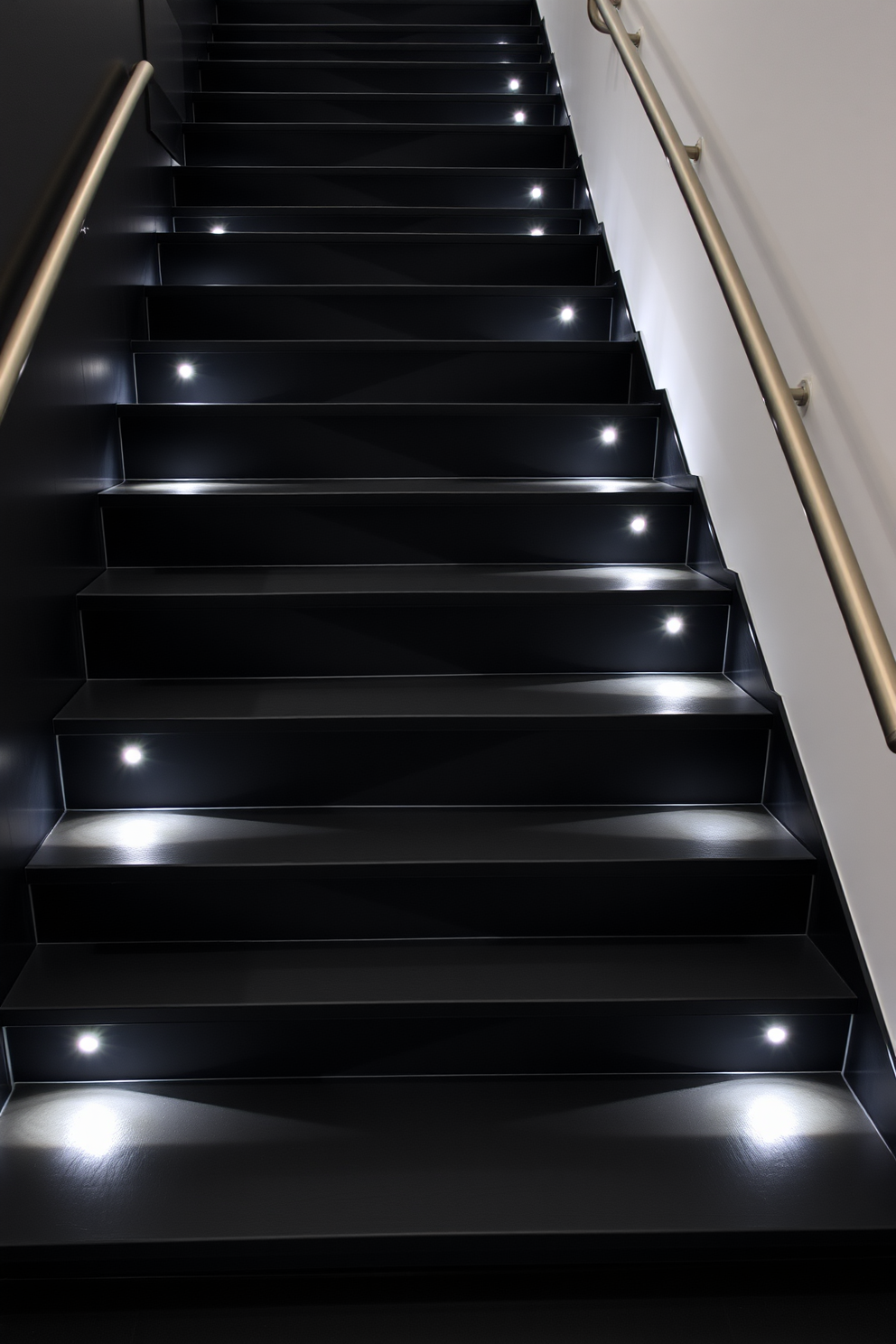 A modern black staircase features sleek lines and geometric patterns that create a striking focal point in the space. The steps are finished in a matte black with contrasting white risers, enhancing the contemporary aesthetic. The staircase is illuminated by recessed lighting that highlights the geometric design, casting interesting shadows throughout the area. A minimalist handrail in brushed metal complements the overall look, adding a touch of elegance to the structure.