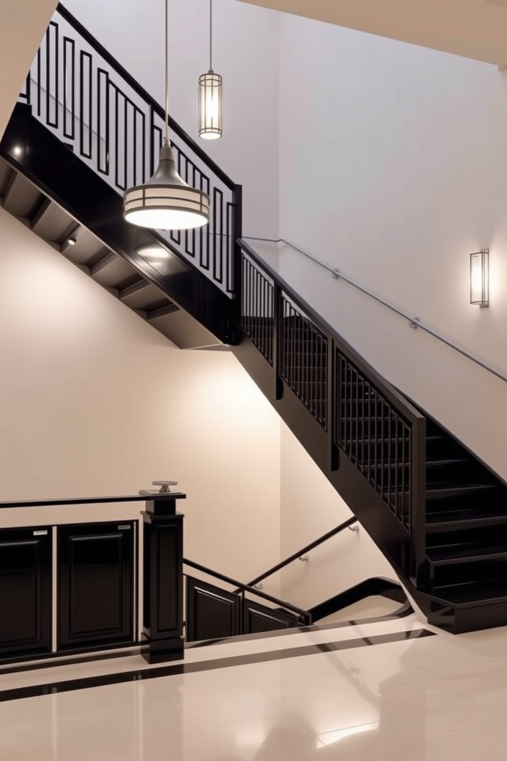 Art deco inspired black staircase featuring sleek geometric lines and elegant detailing. The staircase is illuminated by stylish pendant lights that highlight its bold design.