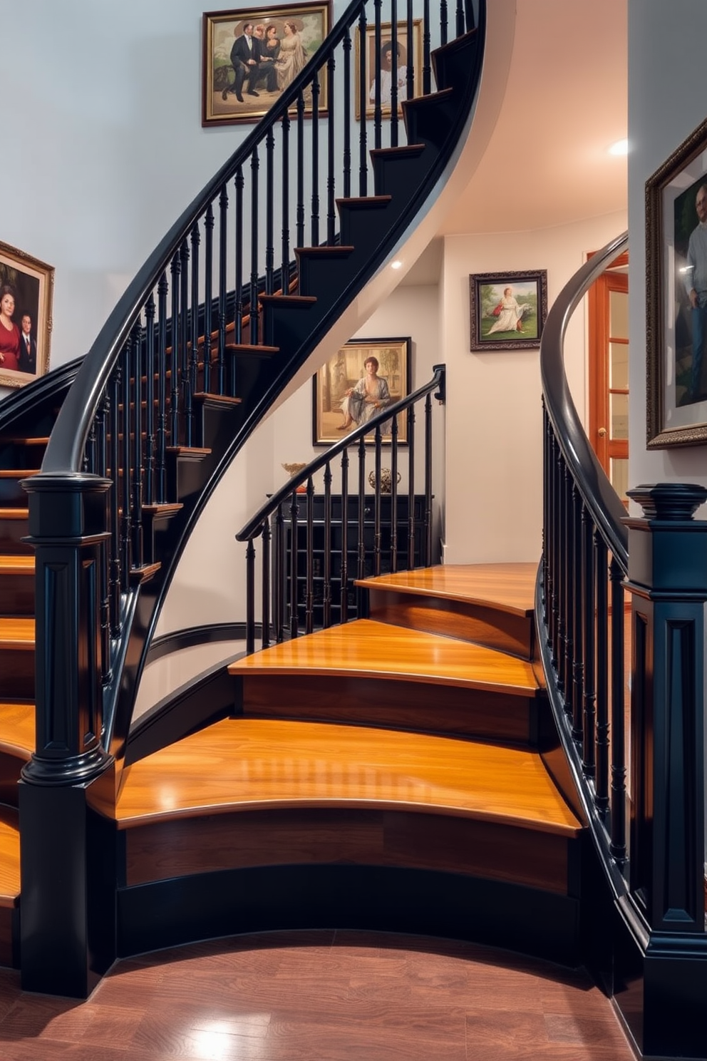 A sophisticated black staircase features rich wood tones that create a striking contrast. The staircase is elegantly curved, with polished black railings that complement the warm hues of the wooden steps. The walls surrounding the staircase are adorned with tasteful artwork, enhancing the overall aesthetic. Soft lighting illuminates the space, highlighting the intricate details of the staircase design.