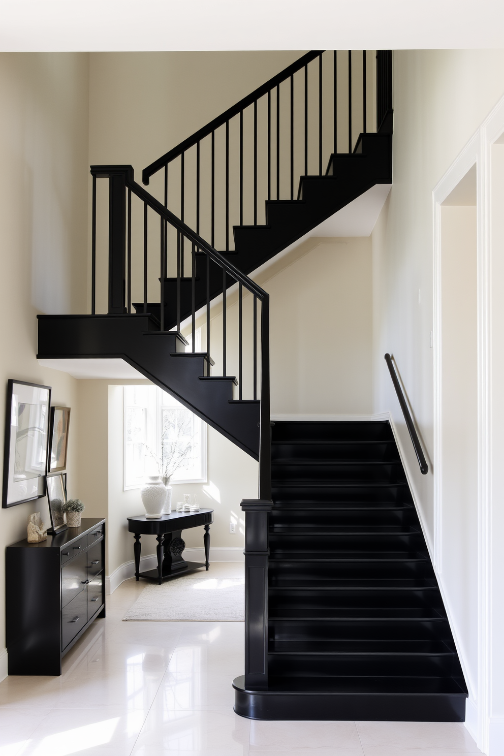 A striking black staircase elegantly ascends against a backdrop of contrasting light walls. The sleek design features minimalist railings and a polished finish, creating a bold statement in the entryway. Natural light floods the space, enhancing the dramatic effect of the black staircase. Surrounding decor includes subtle artwork and a stylish console table, adding sophistication to the overall aesthetic.