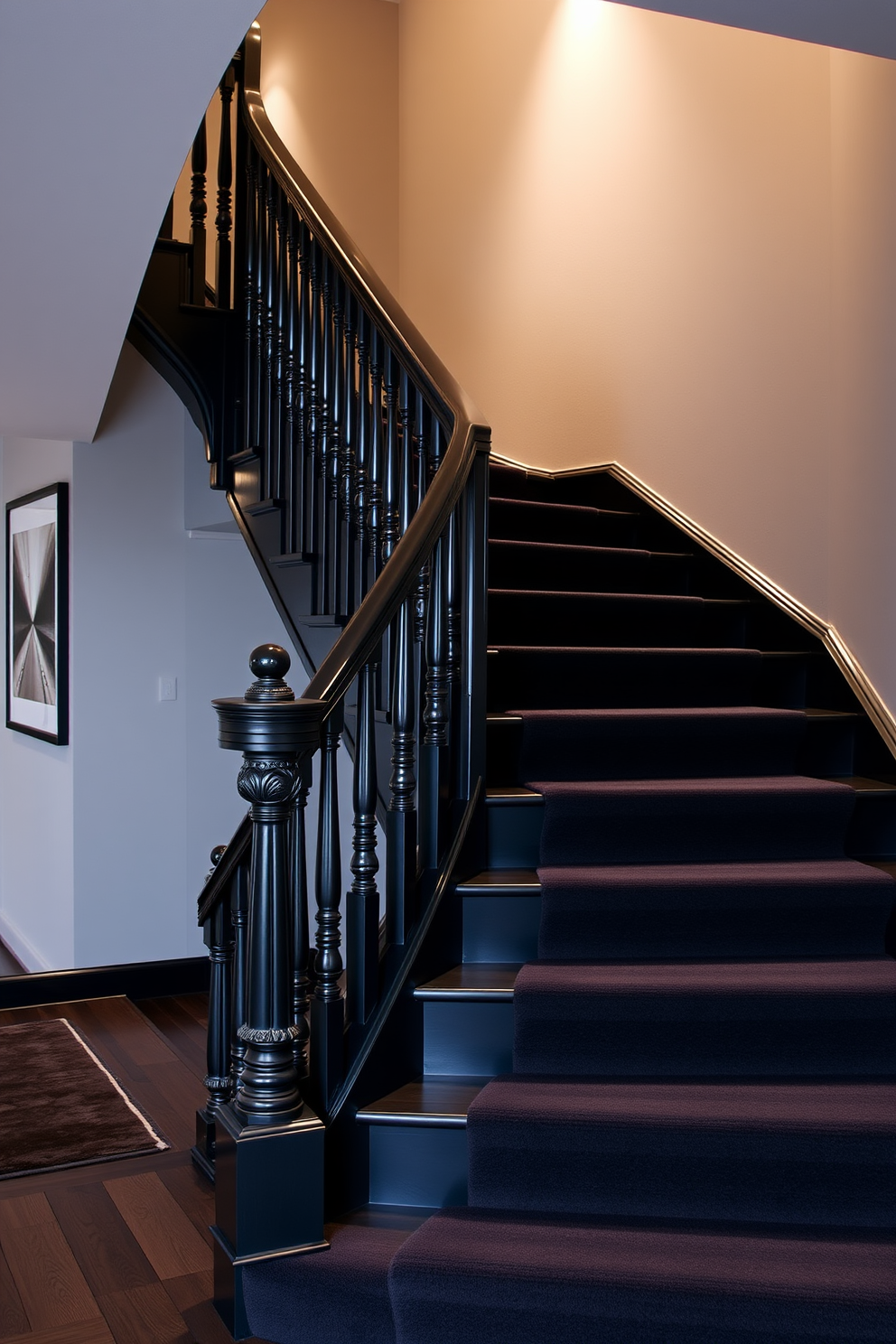 A stylish black staircase features elegant decorative balusters that add a touch of sophistication. The staircase is illuminated by soft recessed lighting, creating a warm and inviting atmosphere. The walls alongside the staircase are adorned with contemporary artwork that complements the black aesthetic. A plush runner in a contrasting color enhances the visual appeal while providing comfort underfoot.