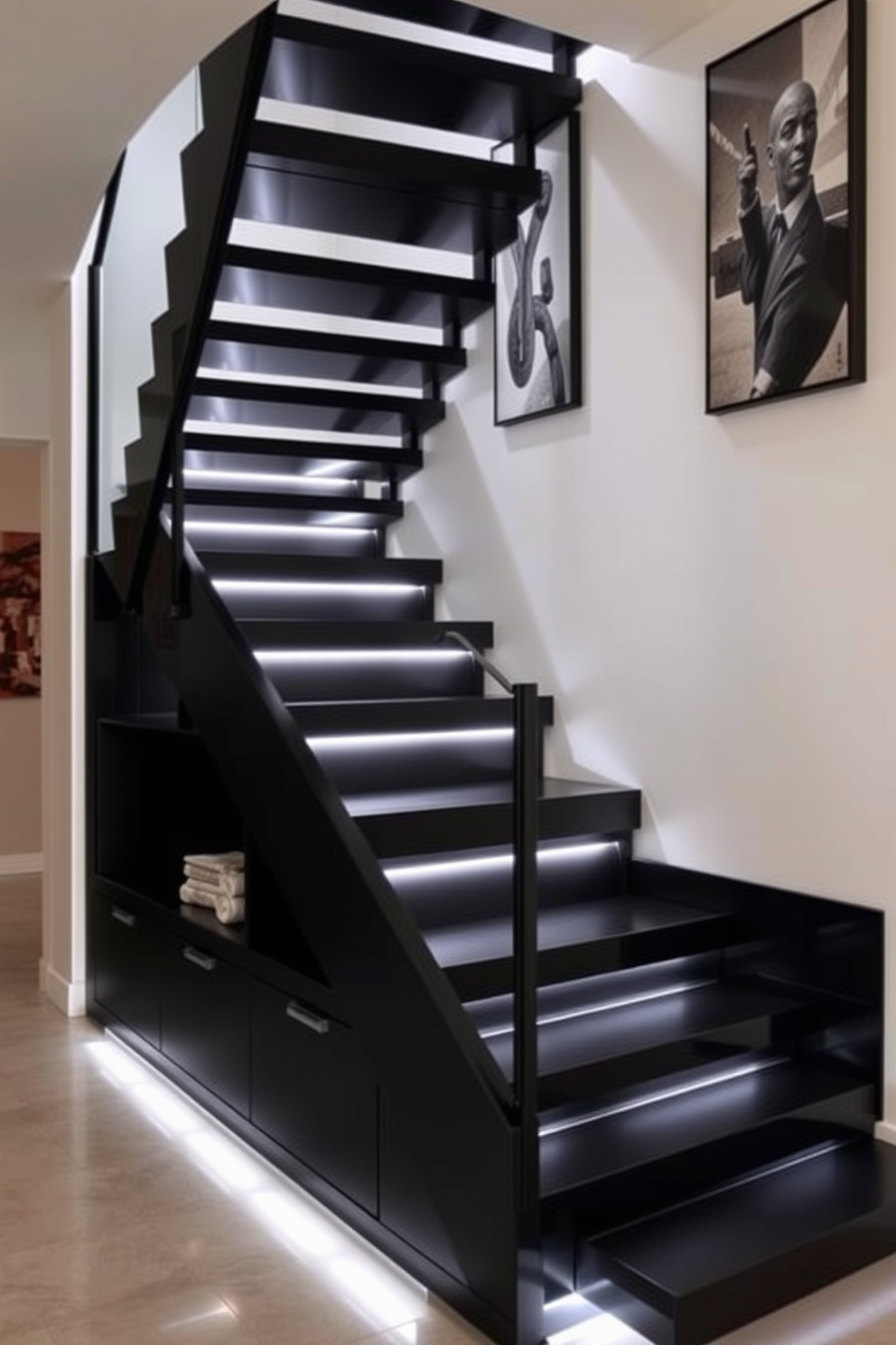 A unique black staircase features sleek, modern lines that create a striking focal point in the space. Integrated storage is cleverly incorporated beneath the steps, offering both functionality and style. The staircase is illuminated by soft LED lights that highlight its contours, adding a dramatic effect. Surrounding the staircase, the walls are adorned with contemporary artwork, enhancing the overall aesthetic of the area.