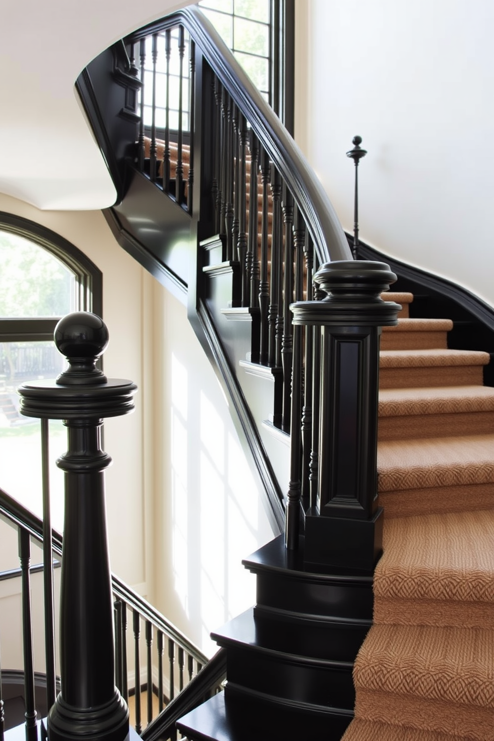 A timeless black staircase features elegant banisters that gracefully curve along the sides. The staircase is adorned with a plush runner that adds warmth and texture to the sleek black finish. Natural light filters through a large window, highlighting the craftsmanship of the banisters. Surrounding the staircase, soft neutral walls create a striking contrast with the bold black design.