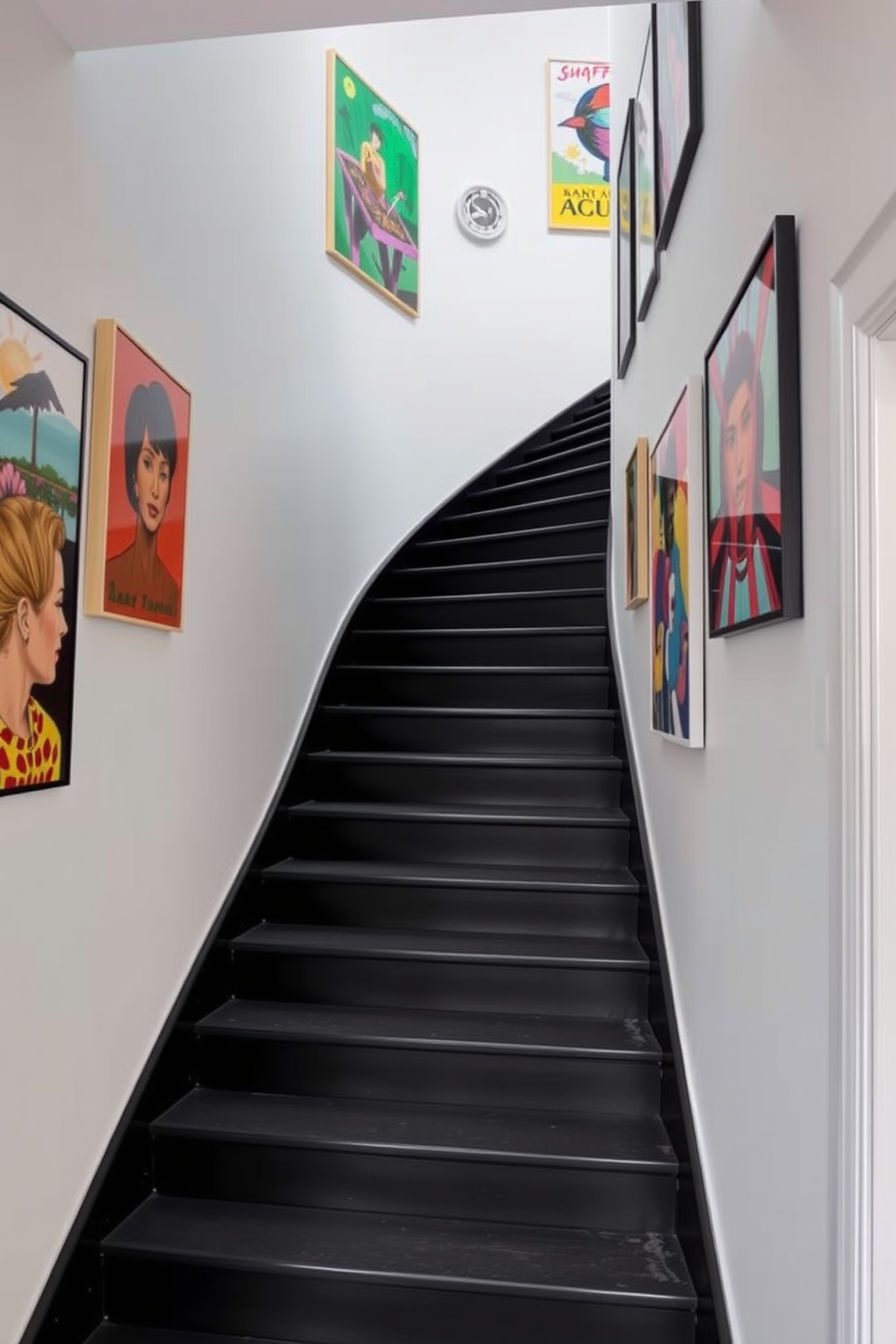 A bold black staircase ascends gracefully, adorned with vibrant artwork that captures the eye. The walls surrounding the staircase are painted in a soft white, allowing the colors of the artwork to pop and create a striking contrast.