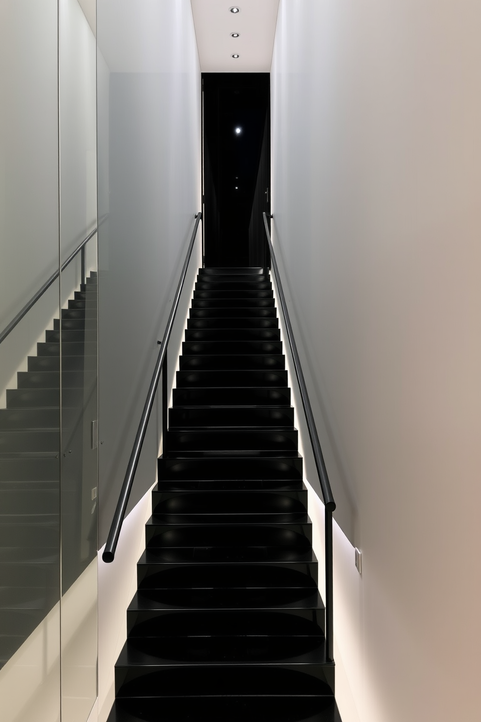 A sleek black staircase elegantly ascends with a mirrored wall reflecting its modern lines. The staircase features minimalist handrails and is illuminated by recessed lighting that enhances its striking design.