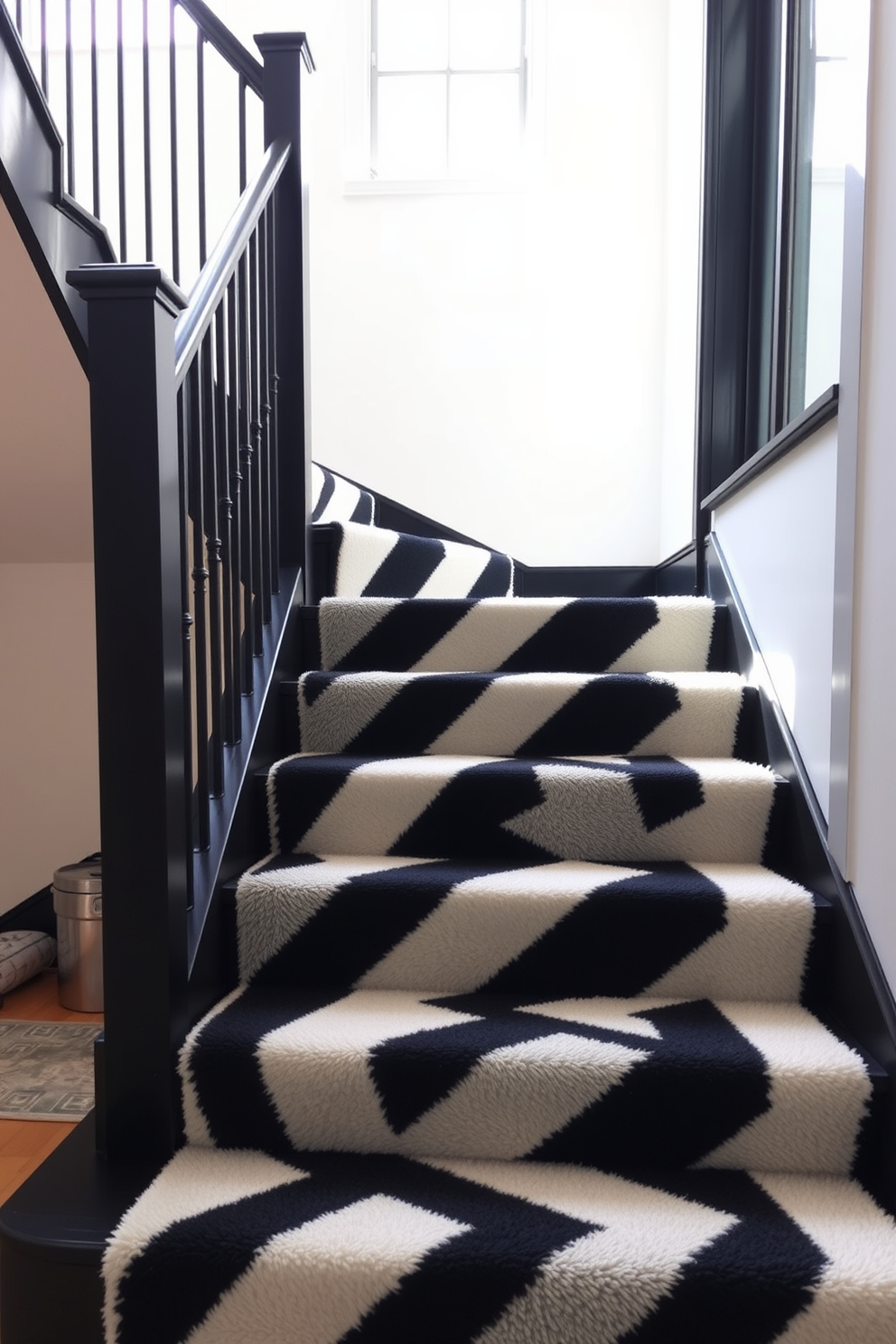 A bold black and white striped stair runner cascades down a sleek black staircase, creating a striking visual contrast. The runner is plush and inviting, enhancing the overall elegance of the space while providing a touch of modern sophistication. The staircase features minimalist black railings that complement the runner's design, adding to the contemporary aesthetic. Natural light floods the area, highlighting the bold patterns and textures of the runner against the dark staircase.