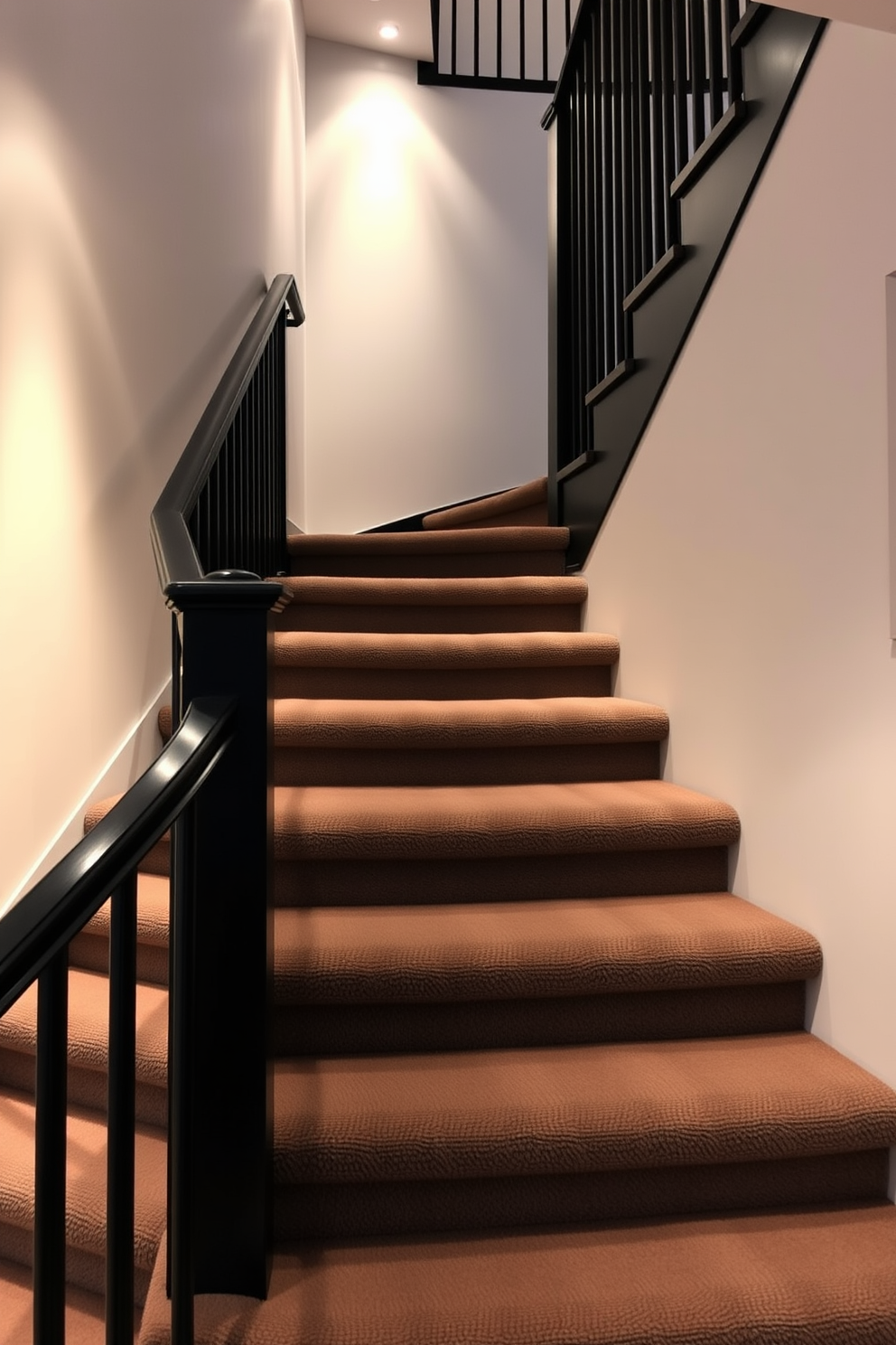 Refined black staircase with plush carpeting. The staircase features sleek black railings that contrast beautifully with the soft, luxurious carpet running along each step. The walls adjacent to the staircase are painted in a soft white to enhance the elegance of the black design. Ambient lighting fixtures are strategically placed to highlight the staircase's lines and create a warm, inviting atmosphere.