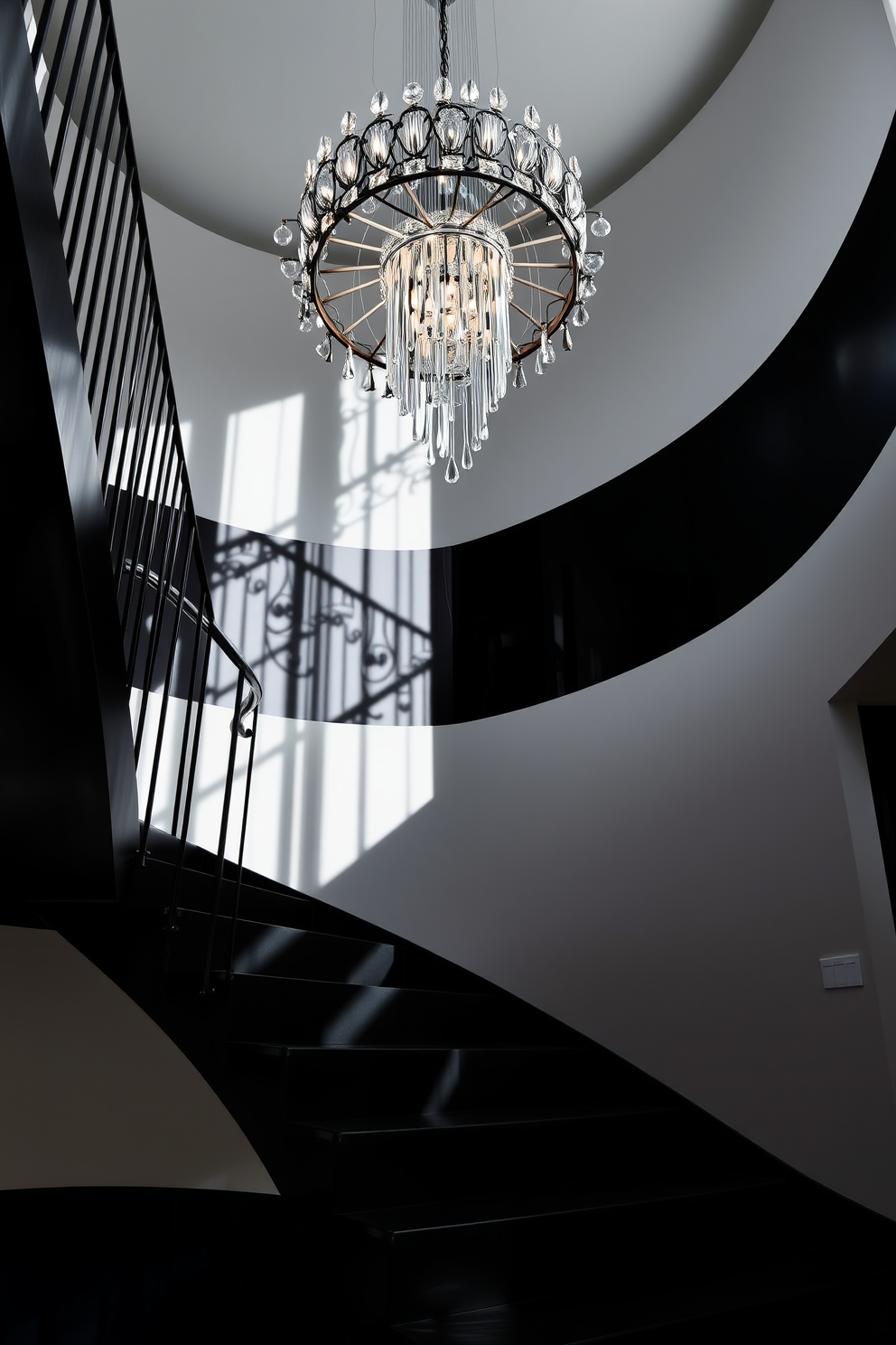 A dramatic black staircase ascends gracefully with sleek lines and bold angles. At its peak, a stunning statement chandelier hangs, casting intricate shadows and adding a touch of elegance to the space.