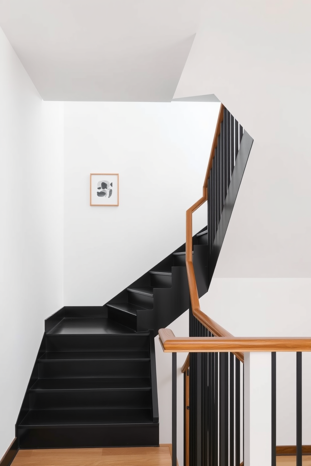 A sleek Scandinavian black staircase ascends gracefully with clean lines and a minimalist aesthetic. The surrounding walls are painted in soft white, enhancing the contrast and creating a bright, airy atmosphere. Simple wooden railings complement the staircase, while a single piece of abstract art hangs nearby. A small potted plant rests on the landing, adding a touch of greenery to the elegant design.