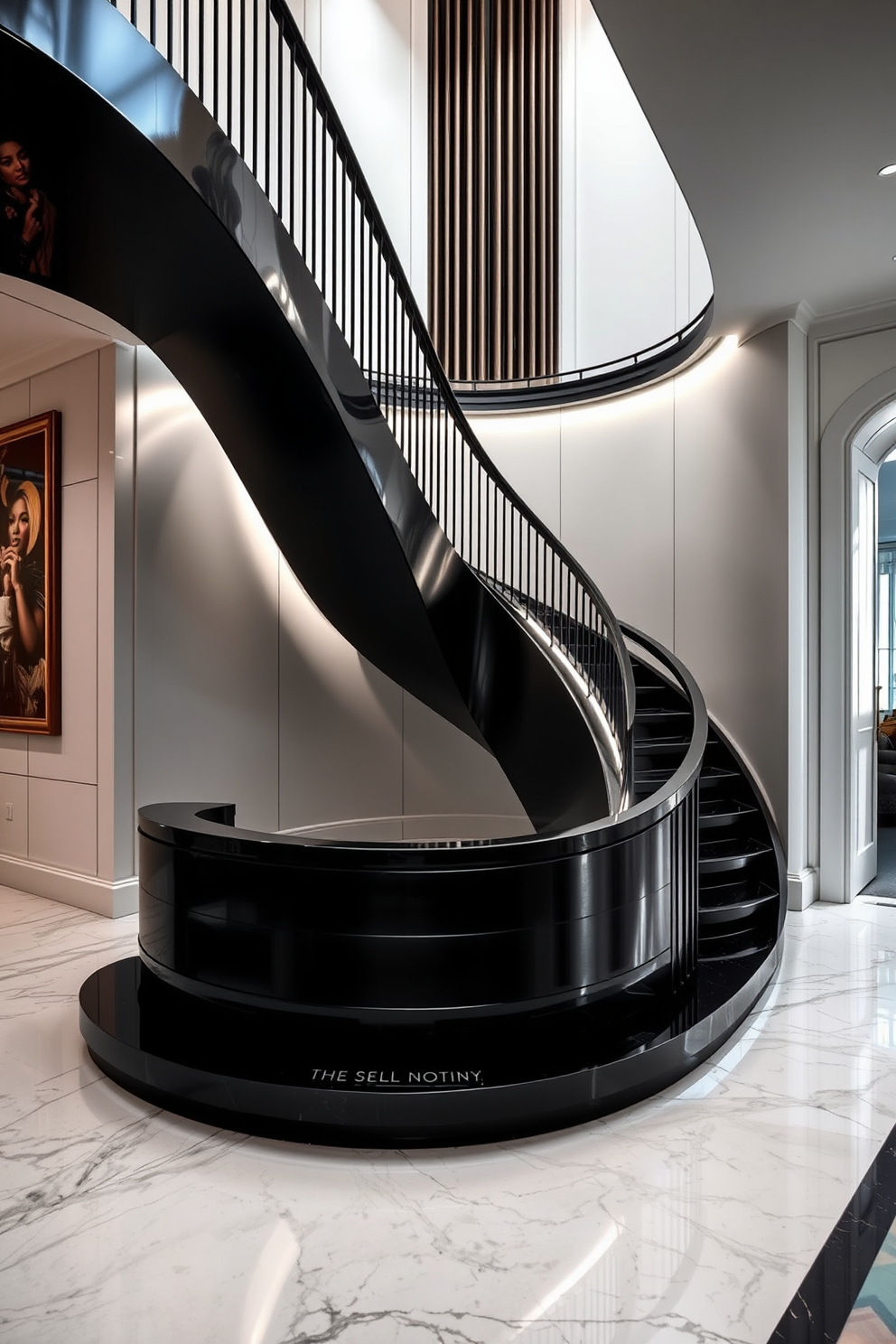 A luxurious black staircase gracefully curves upwards, featuring a sleek design that emphasizes modern elegance. The staircase is complemented by stunning marble flooring that reflects light, enhancing the overall opulence of the space. The walls adjacent to the staircase are adorned with tasteful artwork, creating a sophisticated atmosphere. Soft ambient lighting highlights the staircase's contours, adding depth and warmth to the luxurious black and white palette.