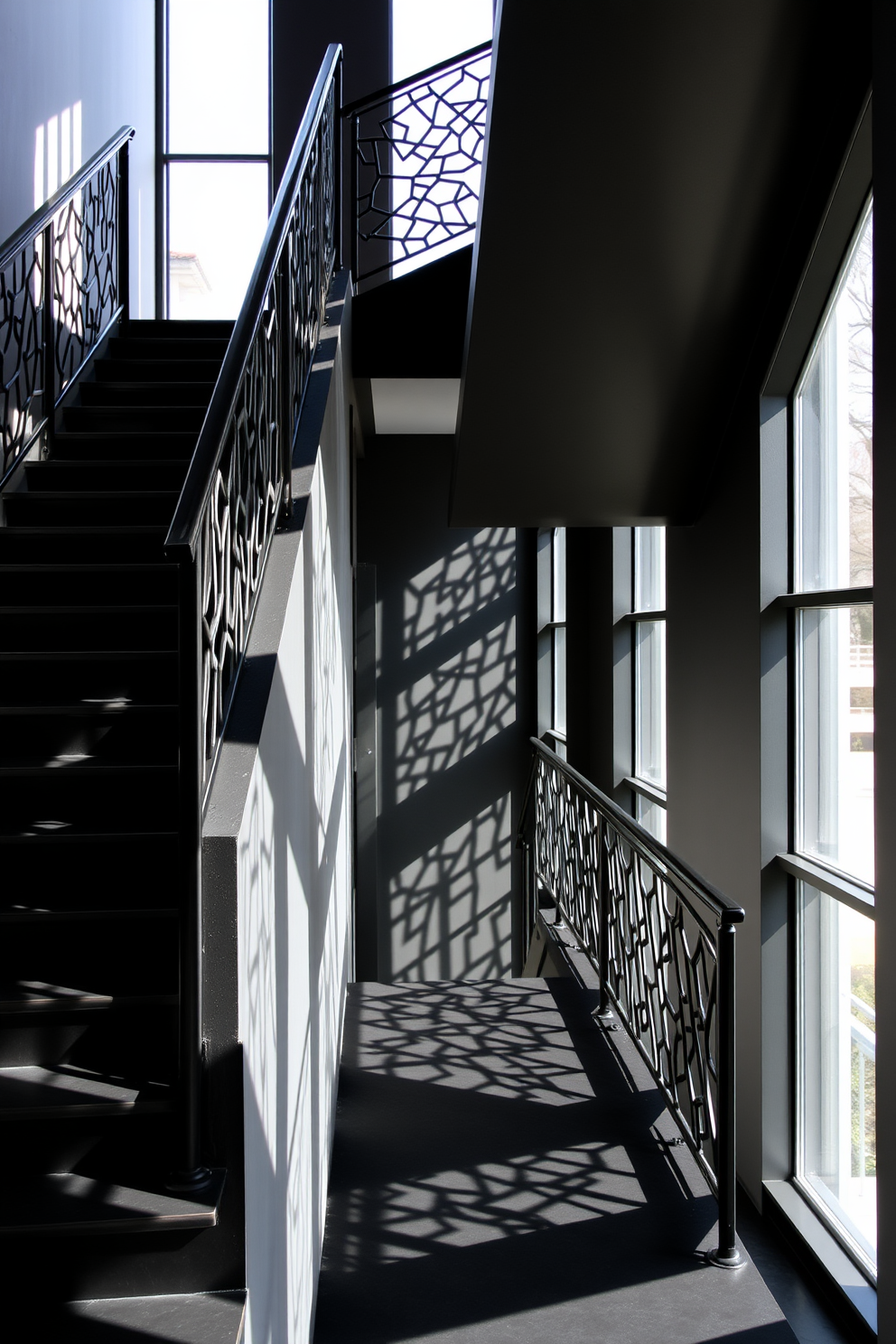 A contemporary black staircase with artistic railings. The staircase features sleek black steps that seamlessly blend with the surrounding walls, creating a striking visual impact. The railings are designed with intricate geometric patterns, adding a touch of sophistication and modernity. Natural light filters through large windows, casting dynamic shadows on the staircase and enhancing its architectural beauty.