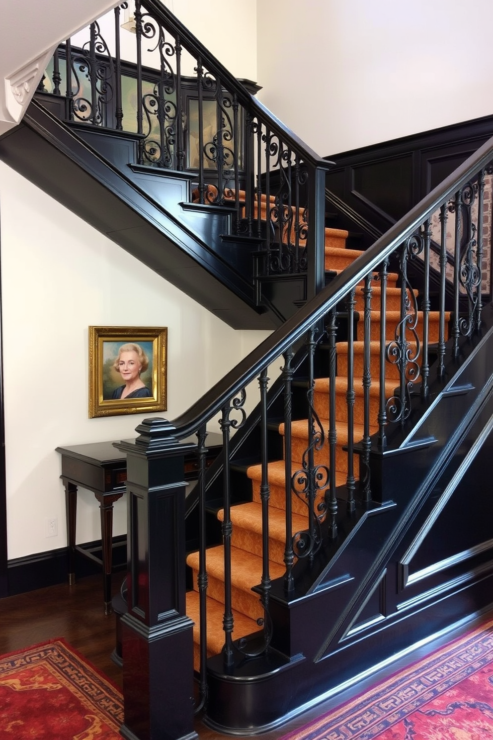 A traditional black staircase features rich textiles that add warmth and elegance to the space. The staircase is adorned with a plush runner that complements the dark wood, creating a striking contrast against the black steps. Surrounding the staircase are intricate wrought iron railings that enhance its classic appeal. Soft lighting illuminates the area, highlighting the textures of the textiles and the craftsmanship of the staircase design.