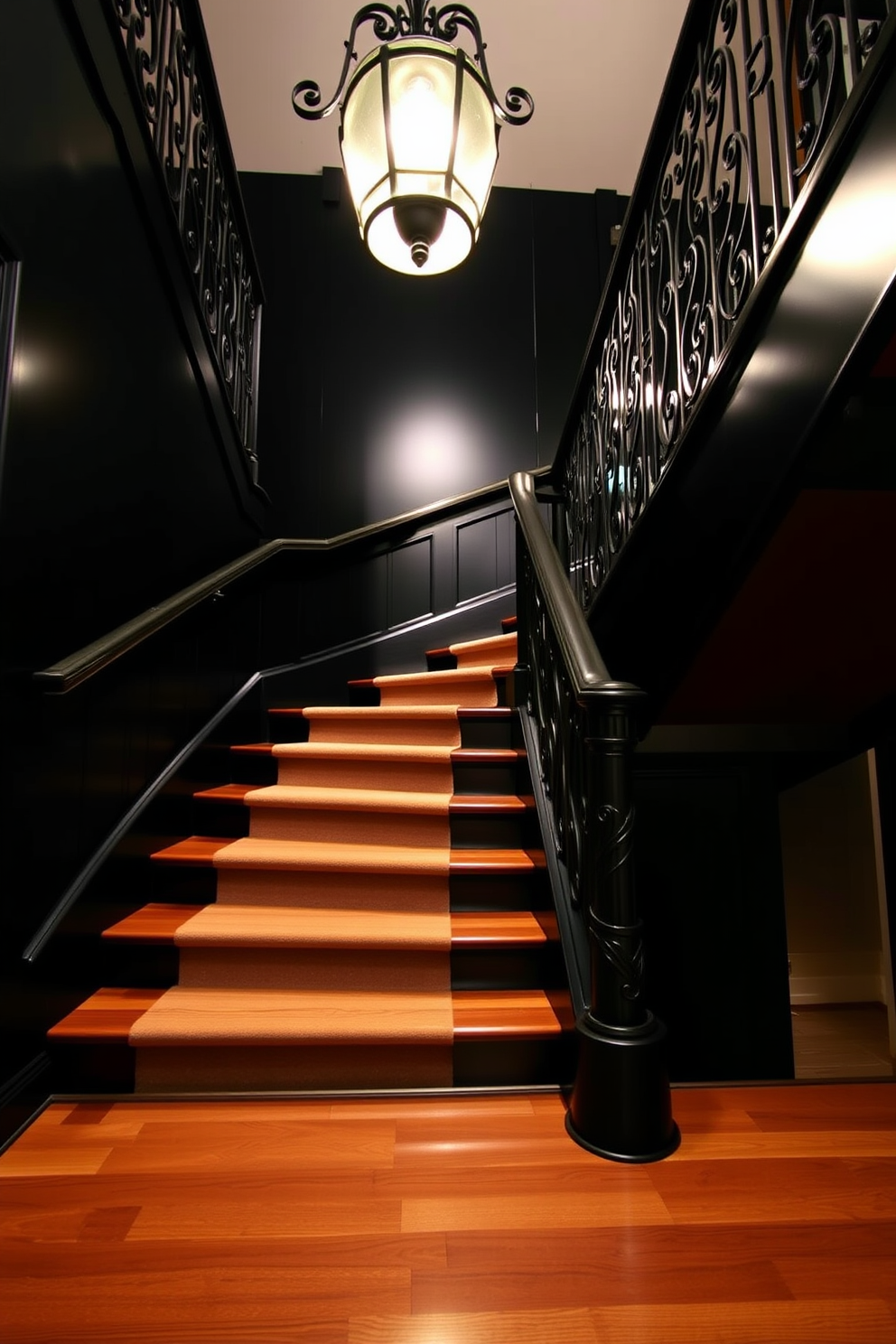 A striking black staircase features elegant vintage-inspired light fixtures that illuminate the space with a warm glow. The staircase is adorned with intricate wrought iron railings, adding a touch of classic charm to the modern design. The stair treads are crafted from rich hardwood, providing a beautiful contrast against the sleek black finish. Soft carpeting runs along the side, enhancing comfort while maintaining a sophisticated aesthetic.