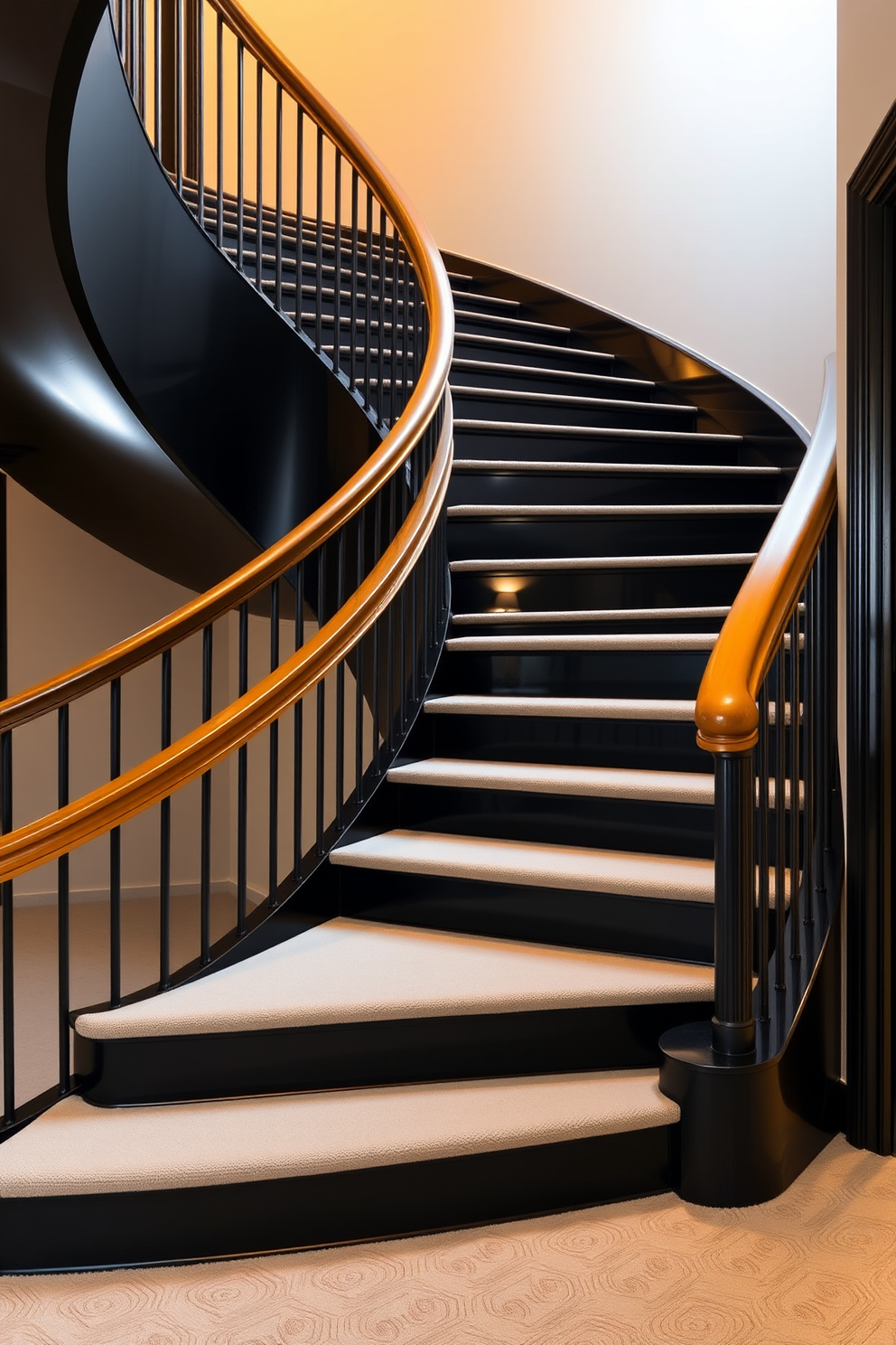 A sophisticated black staircase with elegant curves gracefully winds upward. The staircase features a sleek black finish with polished wooden accents along the railing for a touch of warmth. The steps are adorned with soft, neutral carpeting that complements the overall design. Ambient lighting highlights the curves of the staircase, creating a stunning focal point in the entryway.