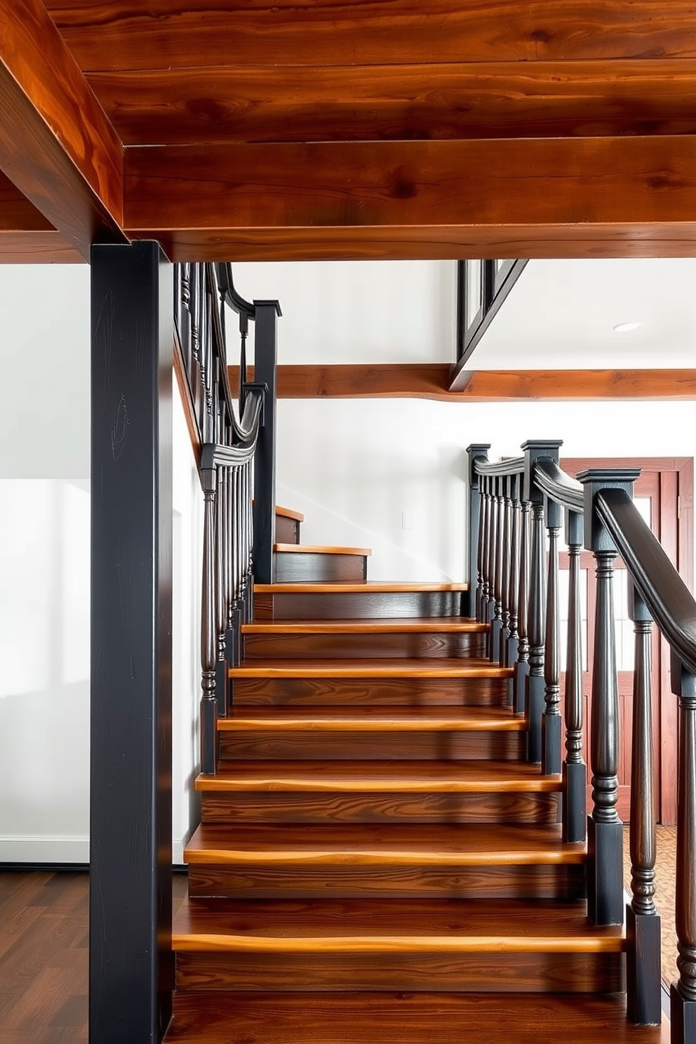 A rustic black wooden staircase with open risers leads elegantly to the upper level. The staircase features a rich texture that contrasts beautifully with the surrounding white walls and wooden accents.