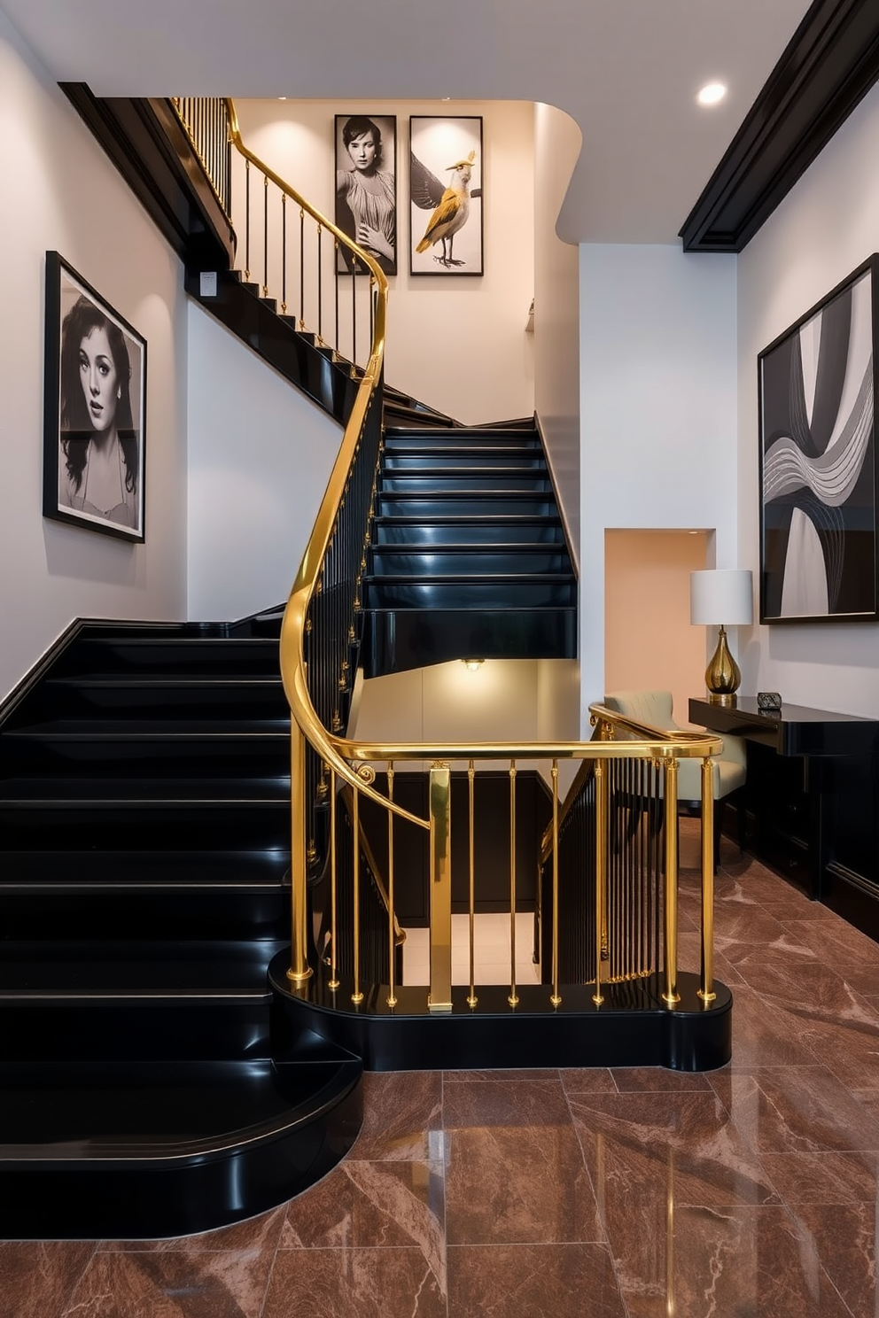 Chic black staircase with gold accents. The staircase features sleek black steps and a polished gold railing that adds a touch of elegance. Surrounding the staircase, the walls are adorned with modern artwork that complements the color scheme. Soft lighting illuminates the space, highlighting the luxurious materials used in the design.