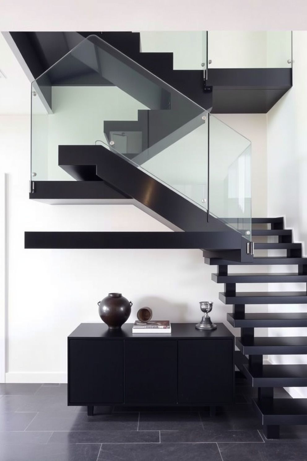 A contemporary black staircase features sleek floating steps that create an illusion of space and elegance. The staircase is framed by a minimalist glass railing, allowing light to flow freely and enhancing the modern aesthetic. The walls adjacent to the staircase are painted in a soft white, providing a striking contrast to the bold black steps. Below the staircase, a stylish console table holds decorative items, adding functionality and charm to the entryway.