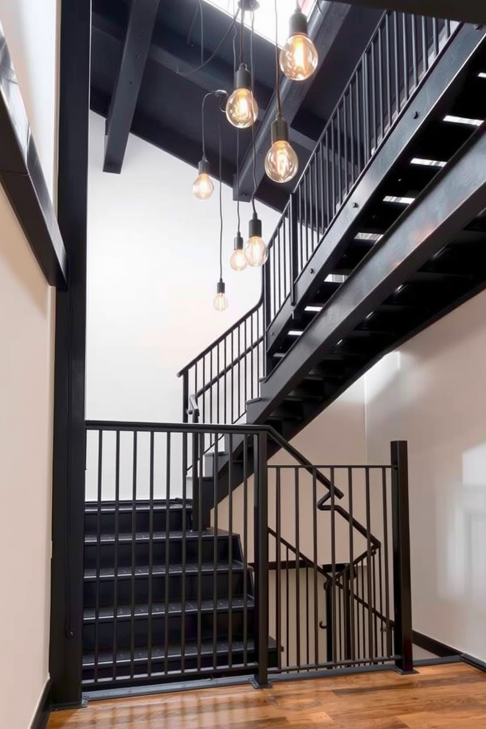 An industrial style black staircase features exposed beams and a sleek metal railing that complements the overall aesthetic. The staircase is illuminated by warm pendant lights that hang above, creating a striking contrast against the dark wood and metal elements.