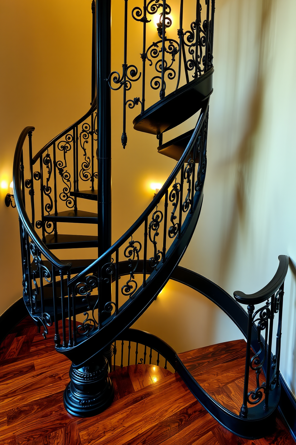 A vintage black spiral staircase with ornate details gracefully ascends, showcasing intricate ironwork and a glossy finish. The staircase is surrounded by soft, ambient lighting that highlights its elegant curves and craftsmanship. Rich wooden flooring complements the staircase, creating a warm contrast against the black metal. Decorative wall sconces flank the staircase, adding a touch of sophistication and charm to the overall design.