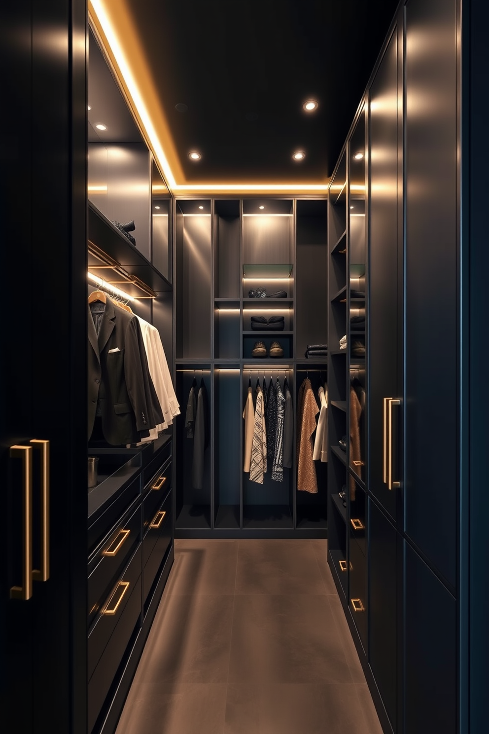 A sleek black walk-in closet features custom cabinetry with gold accents that create a luxurious atmosphere. The space is illuminated by recessed lighting, highlighting the organized shelves and hanging areas for clothing and accessories.