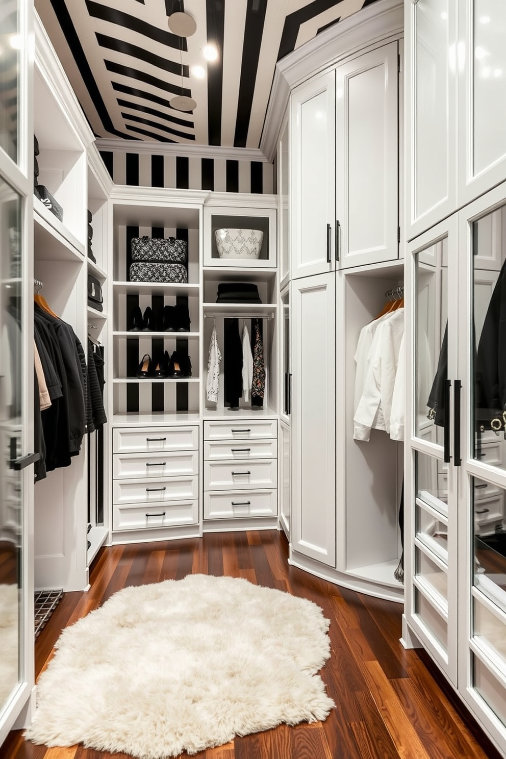 A luxurious walk-in closet with elegant black and white striped wallpaper that creates a striking visual contrast. The space features custom shelving and hanging areas, complemented by a plush area rug in a soft neutral tone.